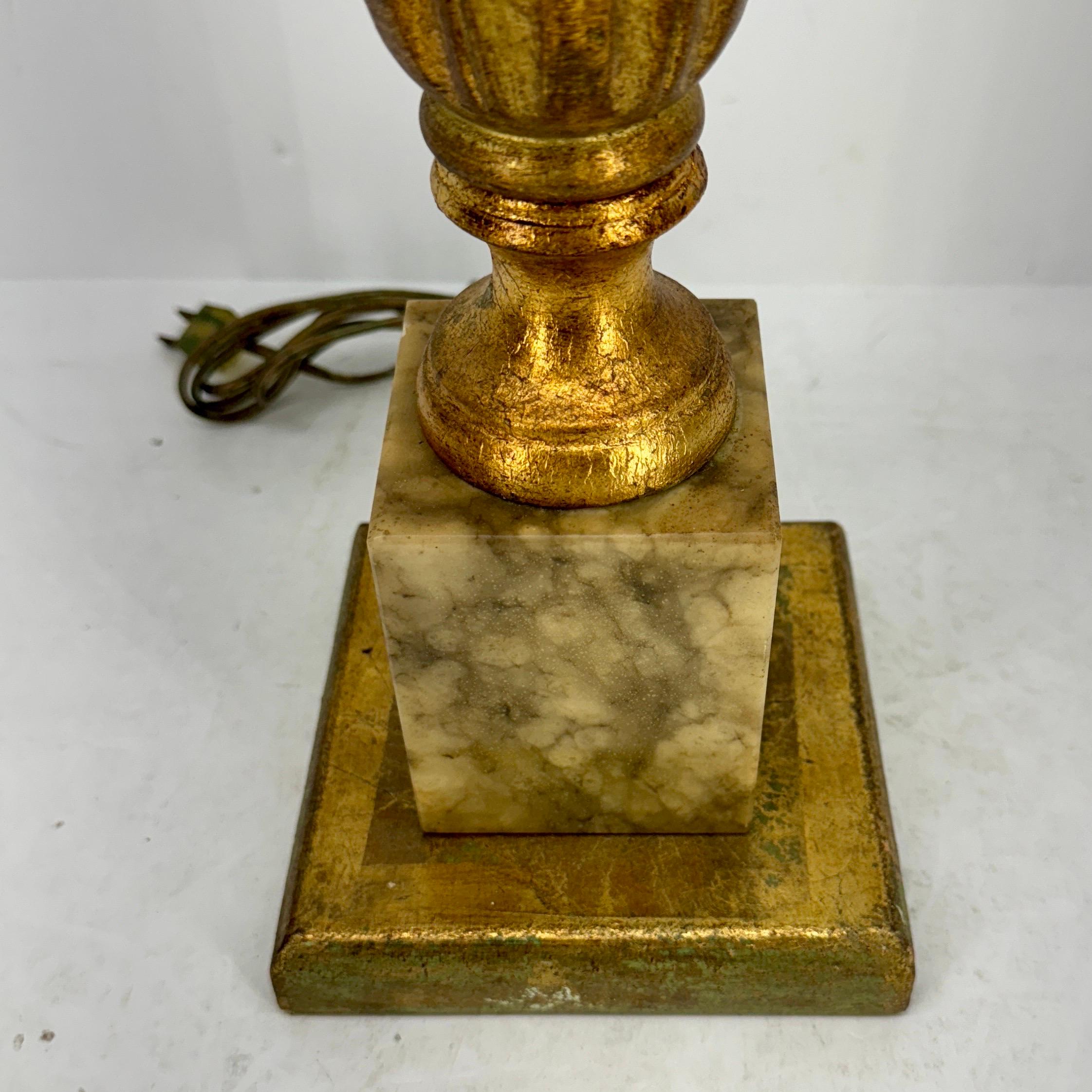 Wood Tall Italian Mid-Century Gold Leaf Marble Table Lamp, Mid 20th Century For Sale