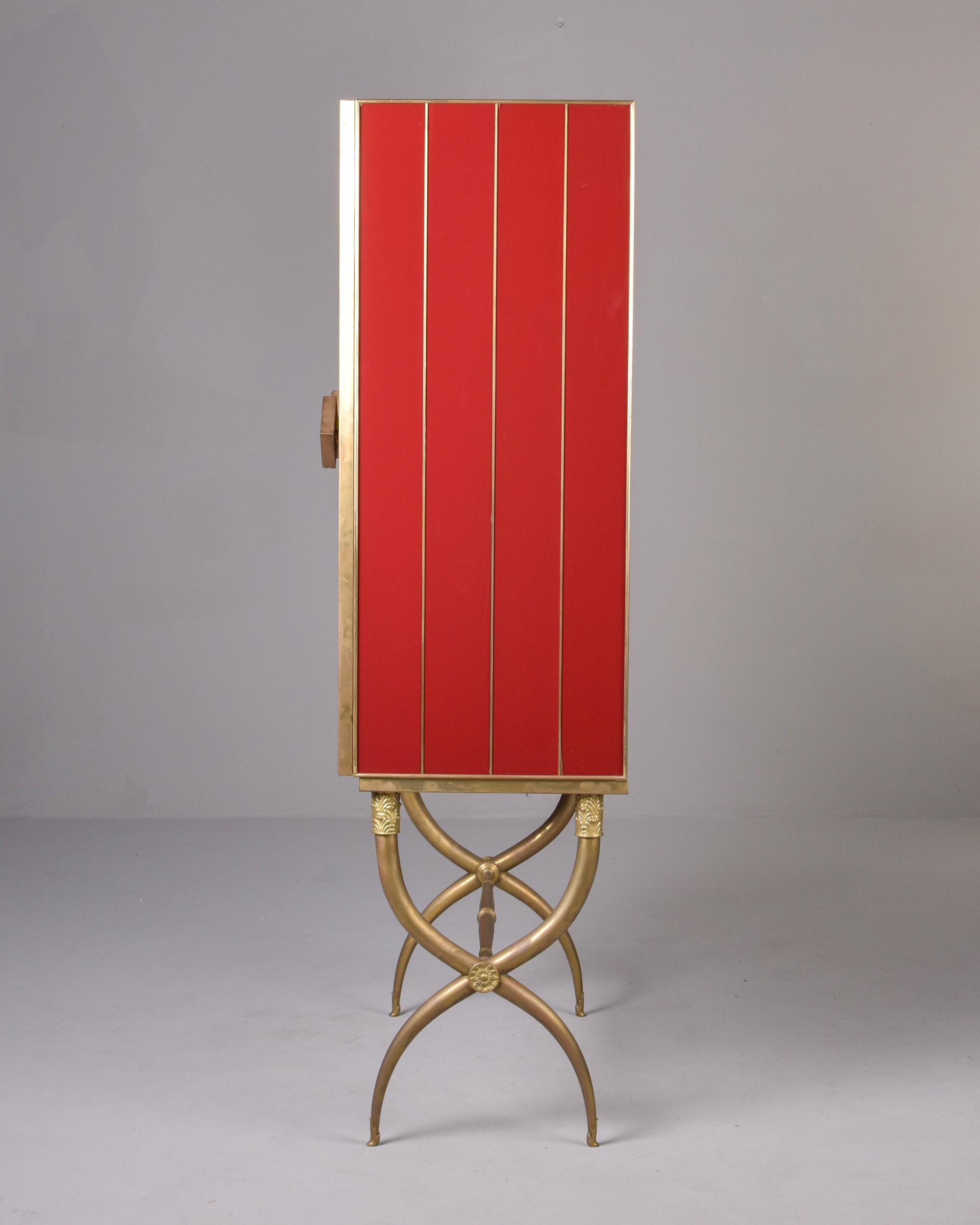 Tall Italian Mid Century Red Glass and Brass Bar Cabinet For Sale 6