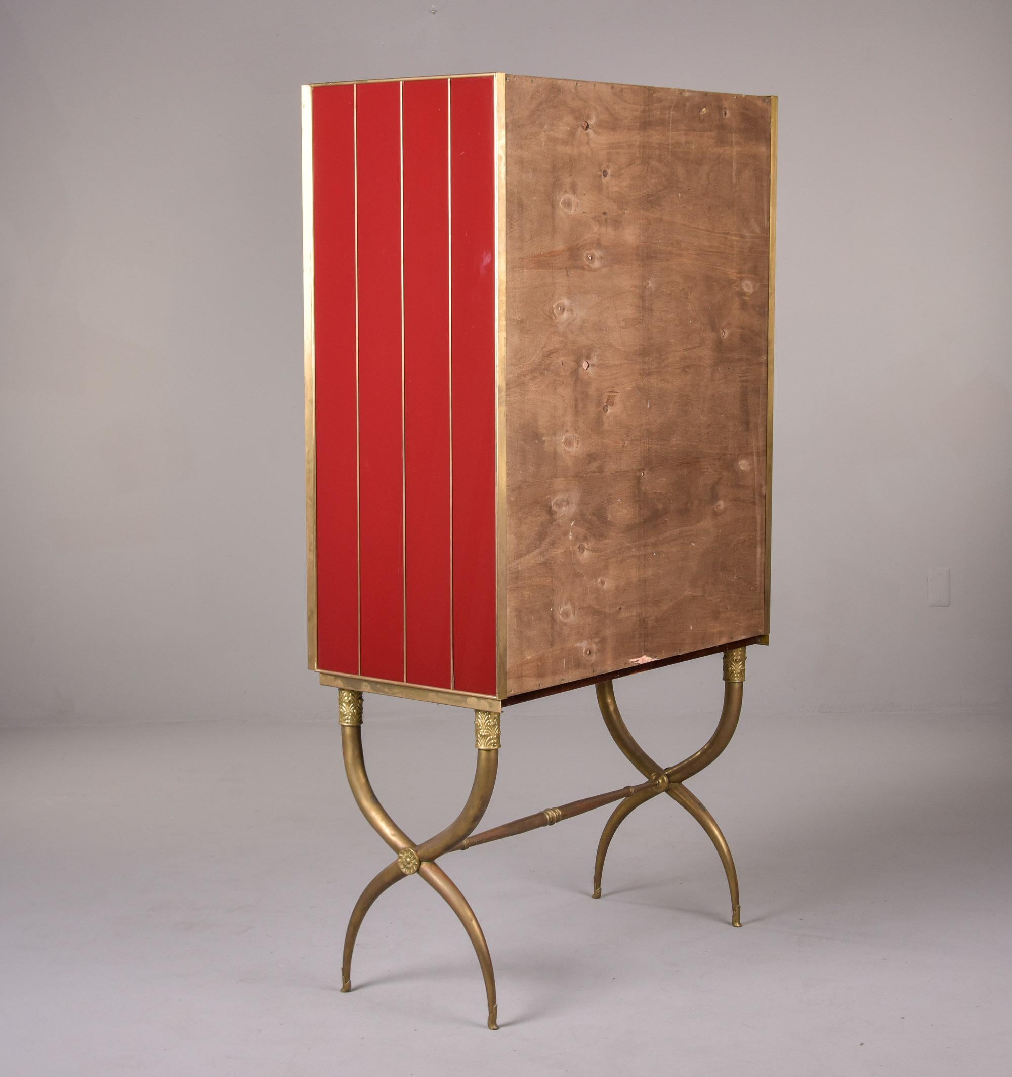 Tall Italian Mid Century Red Glass and Brass Bar Cabinet For Sale 7