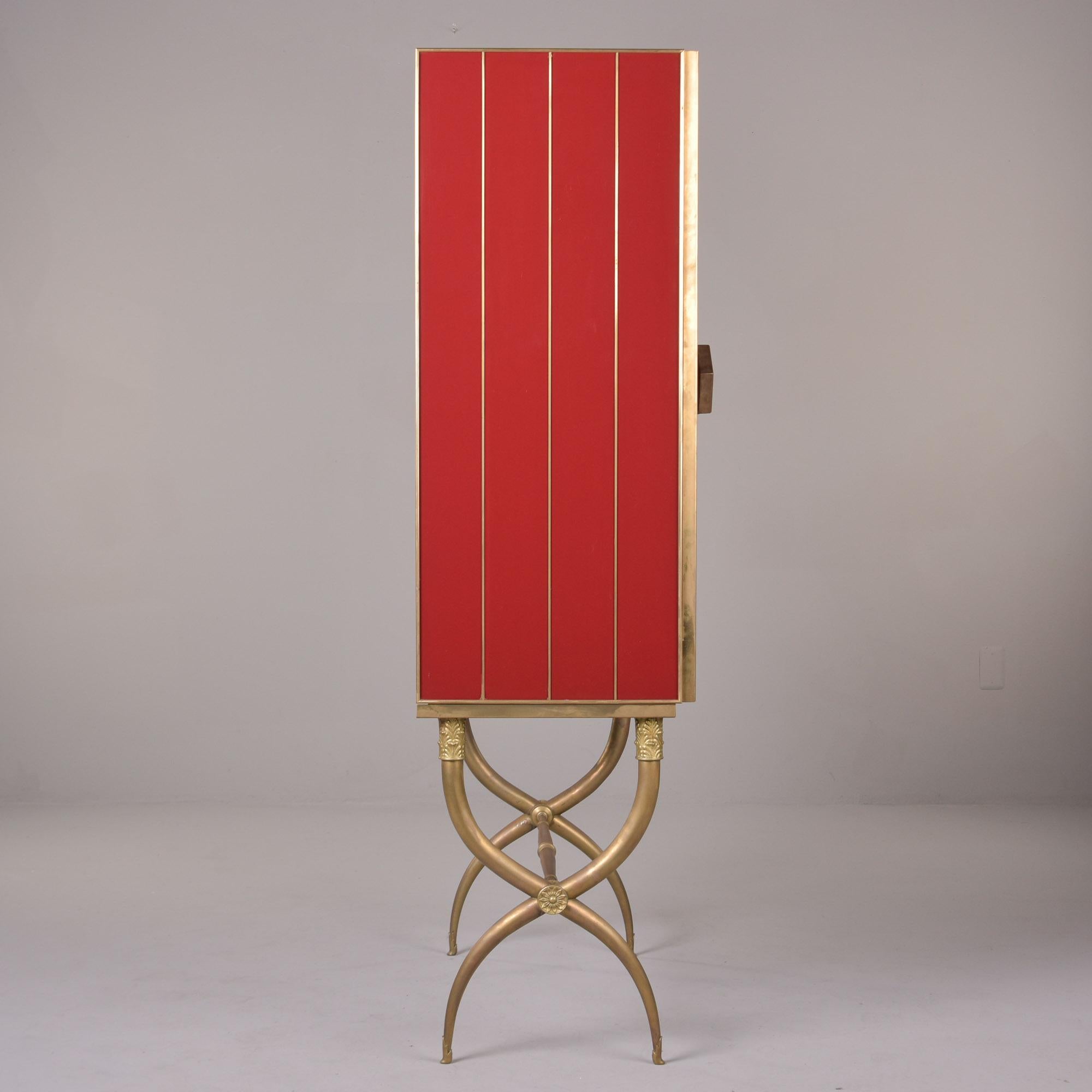 Tall Italian Mid Century Red Glass and Brass Bar Cabinet For Sale 8