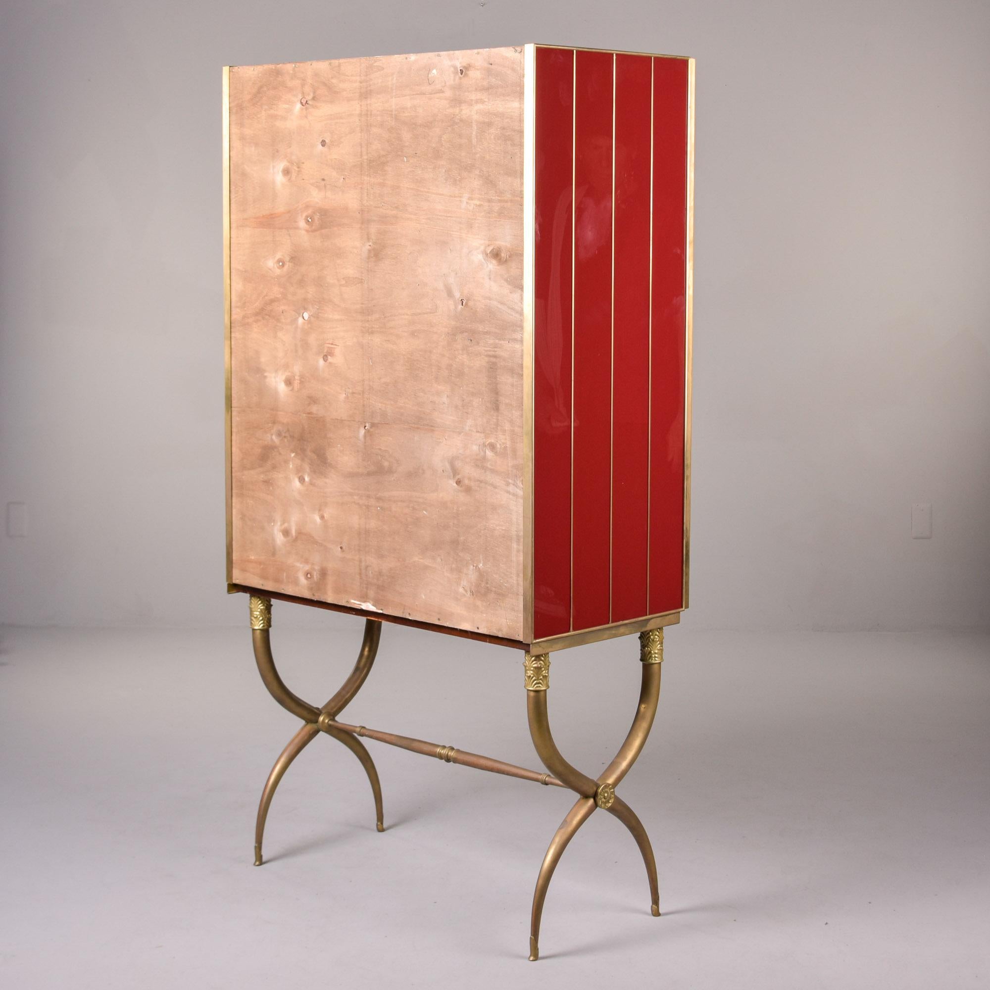 Tall Italian Mid Century Red Glass and Brass Bar Cabinet For Sale 9