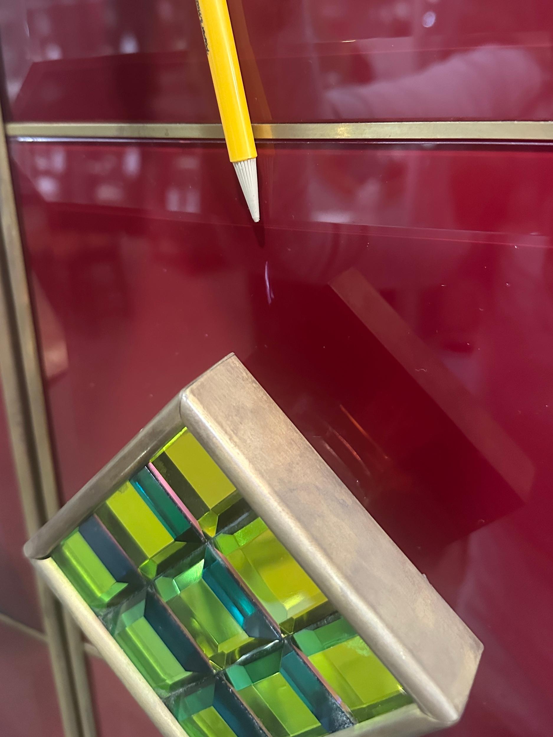 Tall Italian Mid Century Red Glass and Brass Bar Cabinet For Sale 10