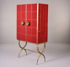 Tall Italian Mid Century Red Glass and Brass Bar Cabinet