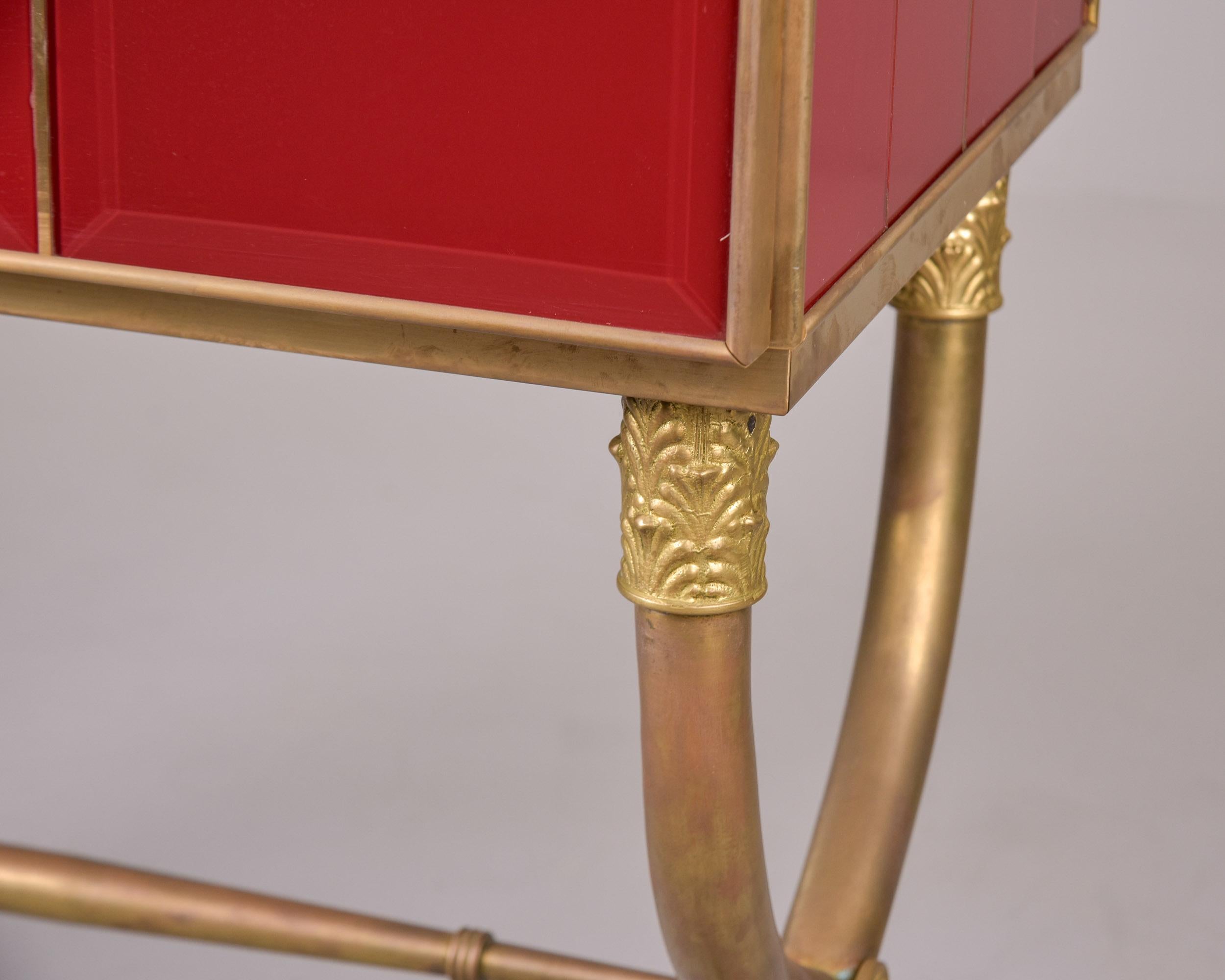 20th Century Tall Italian Mid Century Red Glass and Brass Bar Cabinet For Sale