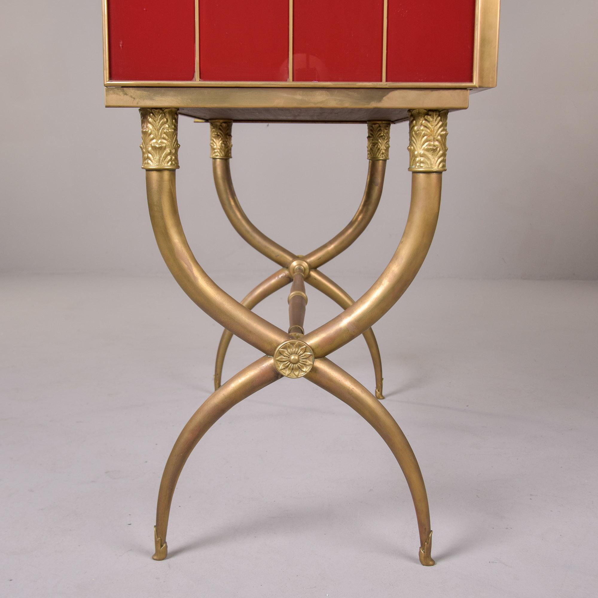 Tall Italian Mid Century Red Glass and Brass Bar Cabinet For Sale 3