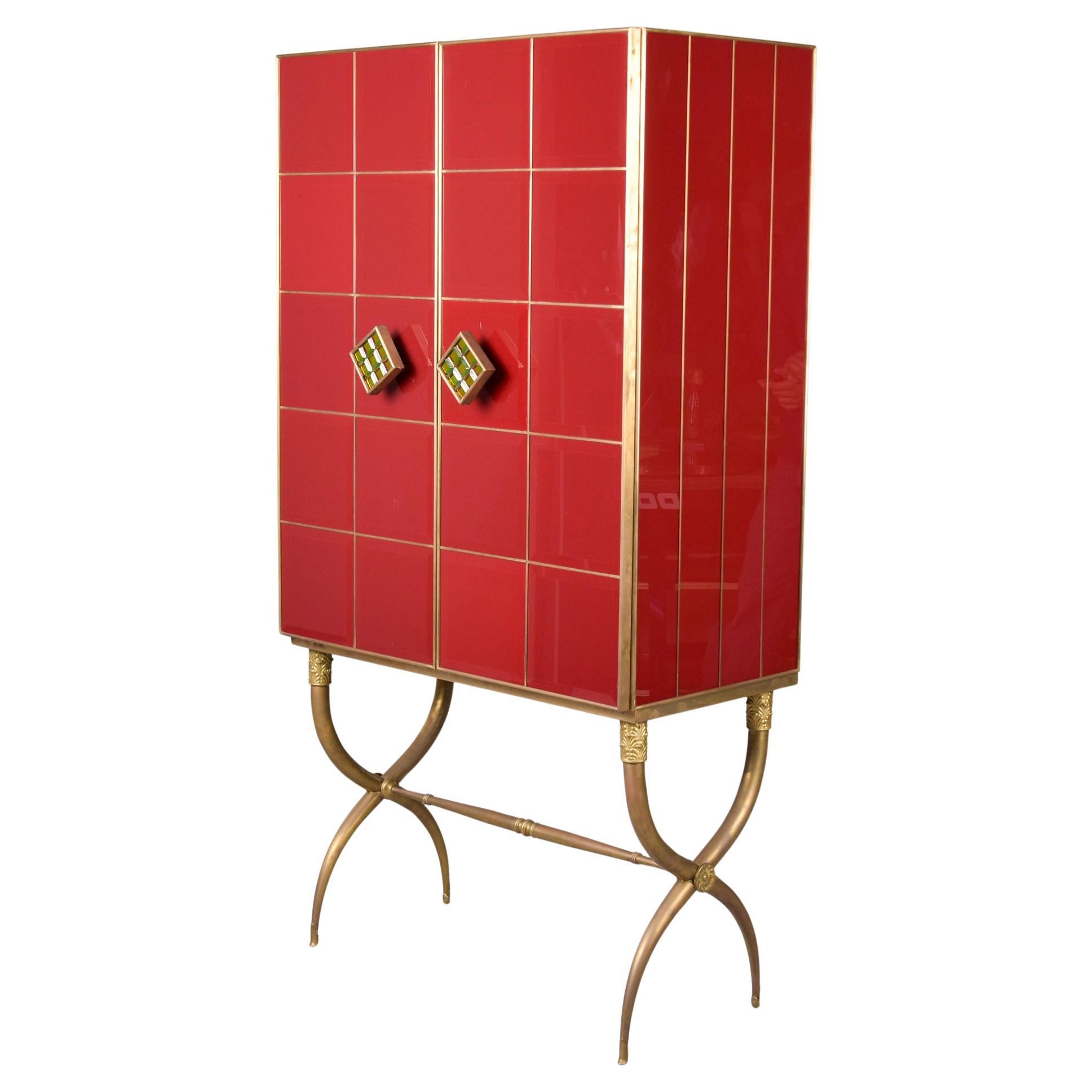 Tall Italian Mid Century Red Glass and Brass Bar Cabinet