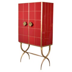 Tall Italian Mid Century Red Glass and Brass Bar Cabinet