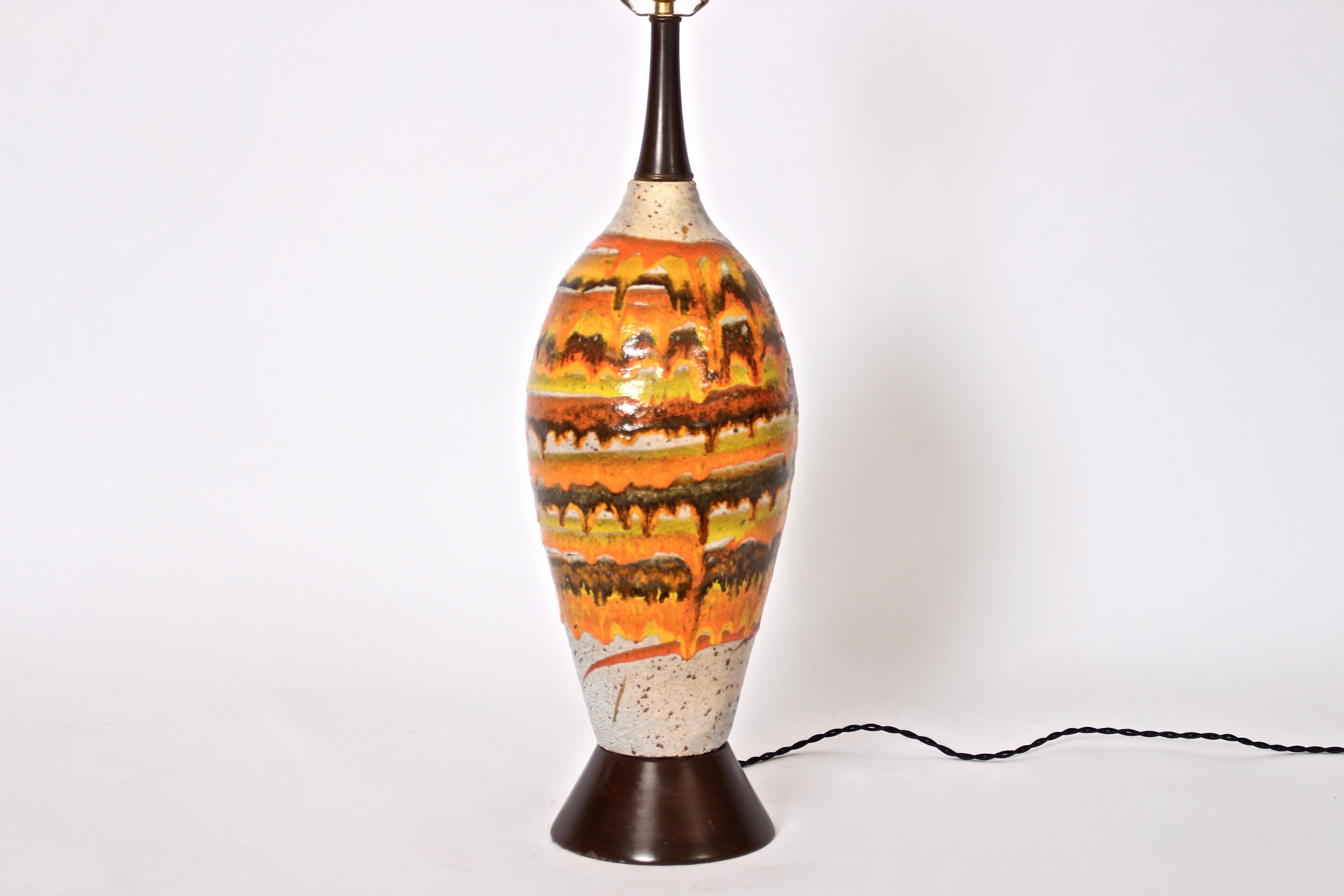 Mid-Century Modern Tall Italian Modern Orange Banded, Drip Glazed Pottery Table Lamp, 1950's