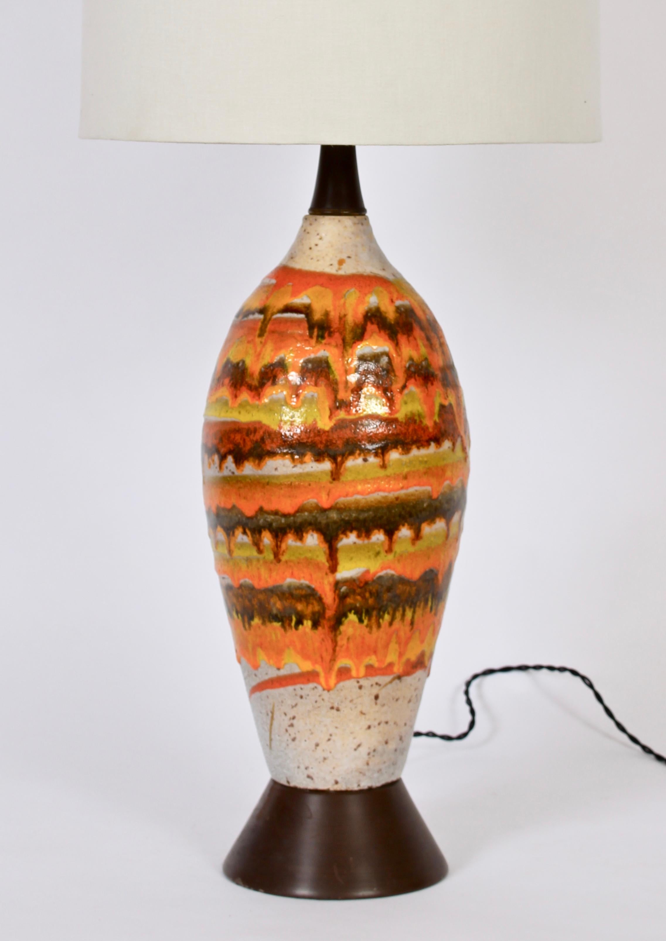 Enameled Tall Italian Modern Orange Banded, Drip Glazed Pottery Table Lamp, 1950's
