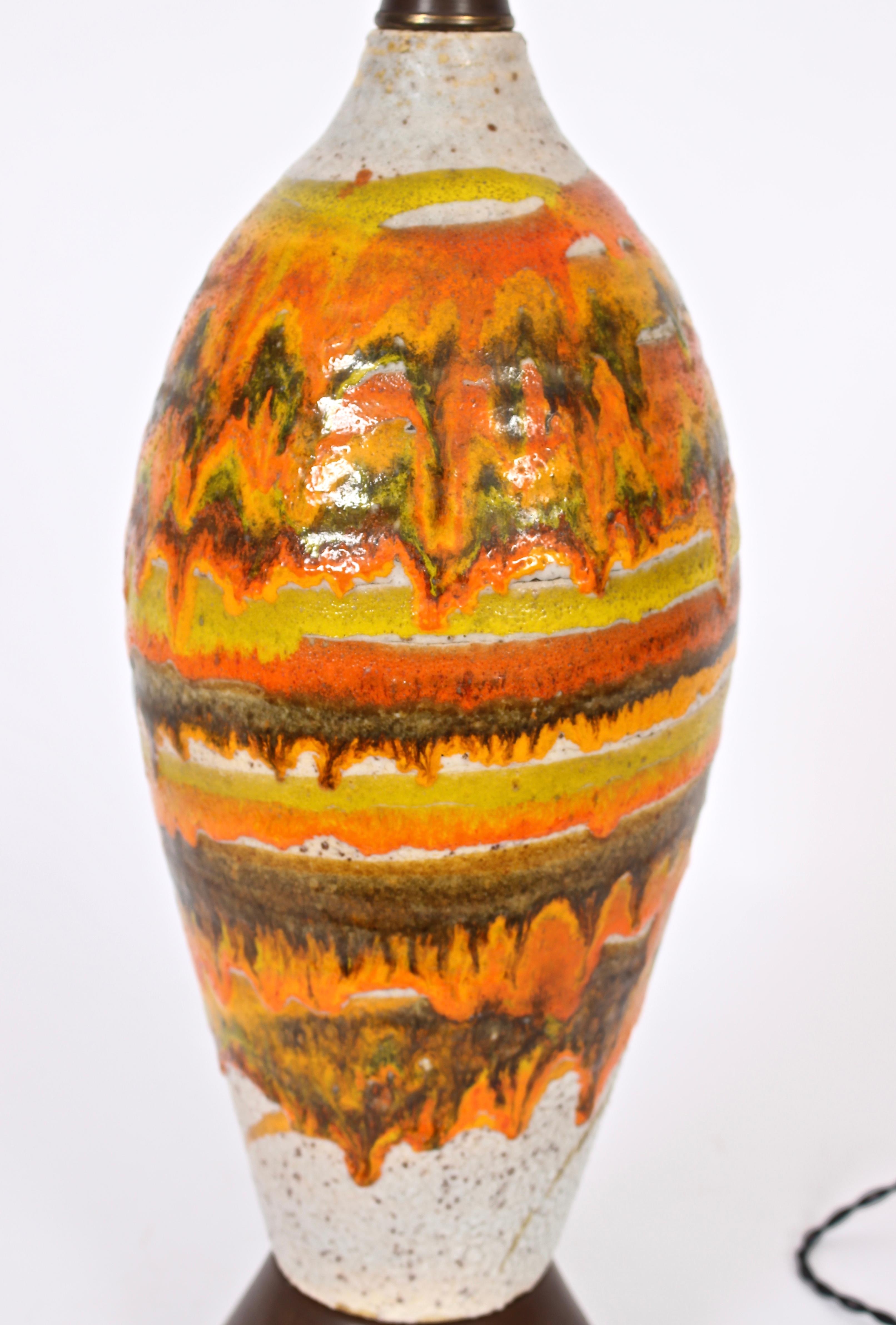 Tall Italian Modern Orange Banded, Drip Glazed Pottery Table Lamp, 1950's In Good Condition In Bainbridge, NY