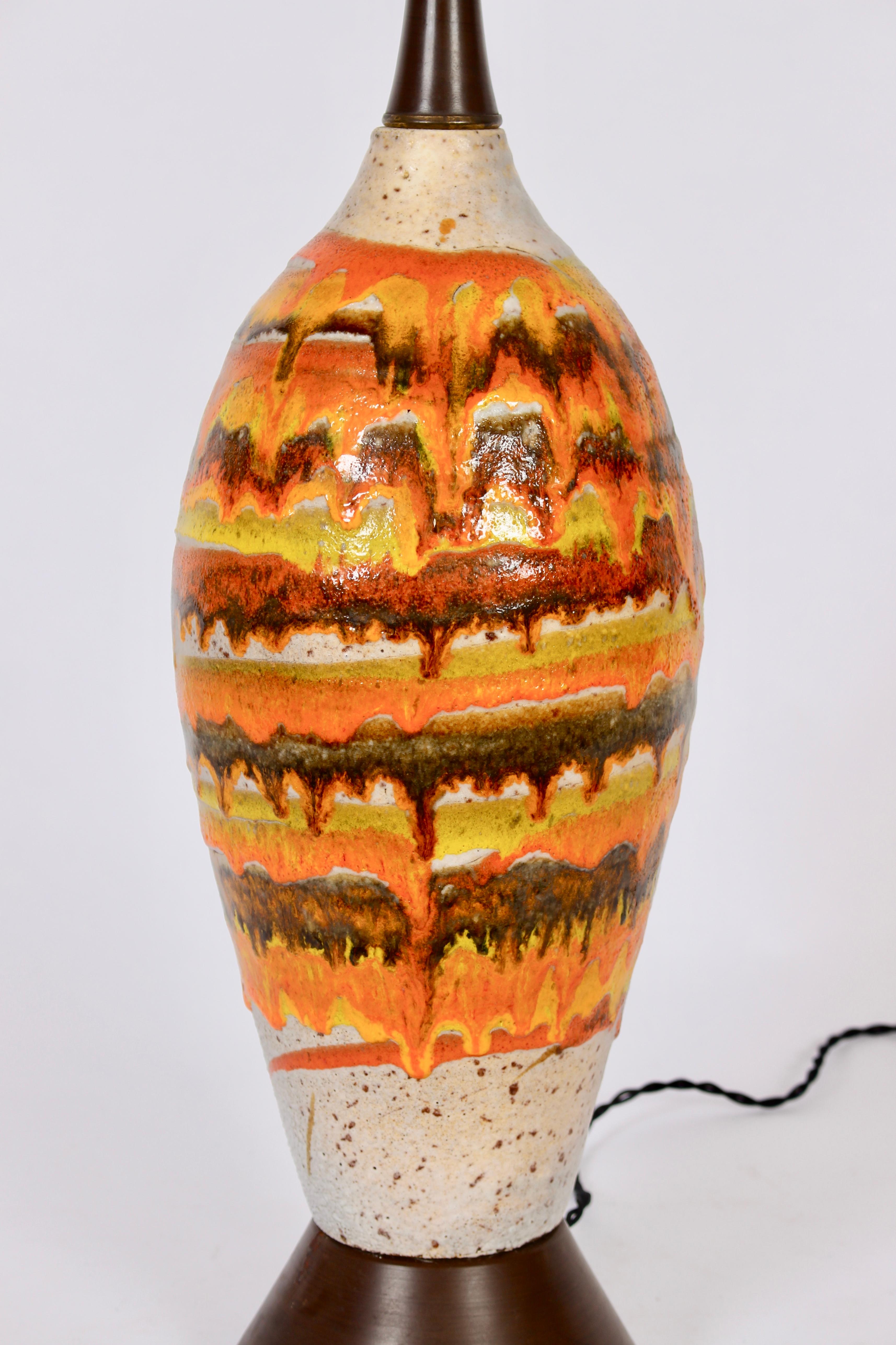 20th Century Tall Italian Modern Orange Banded, Drip Glazed Pottery Table Lamp, 1950's