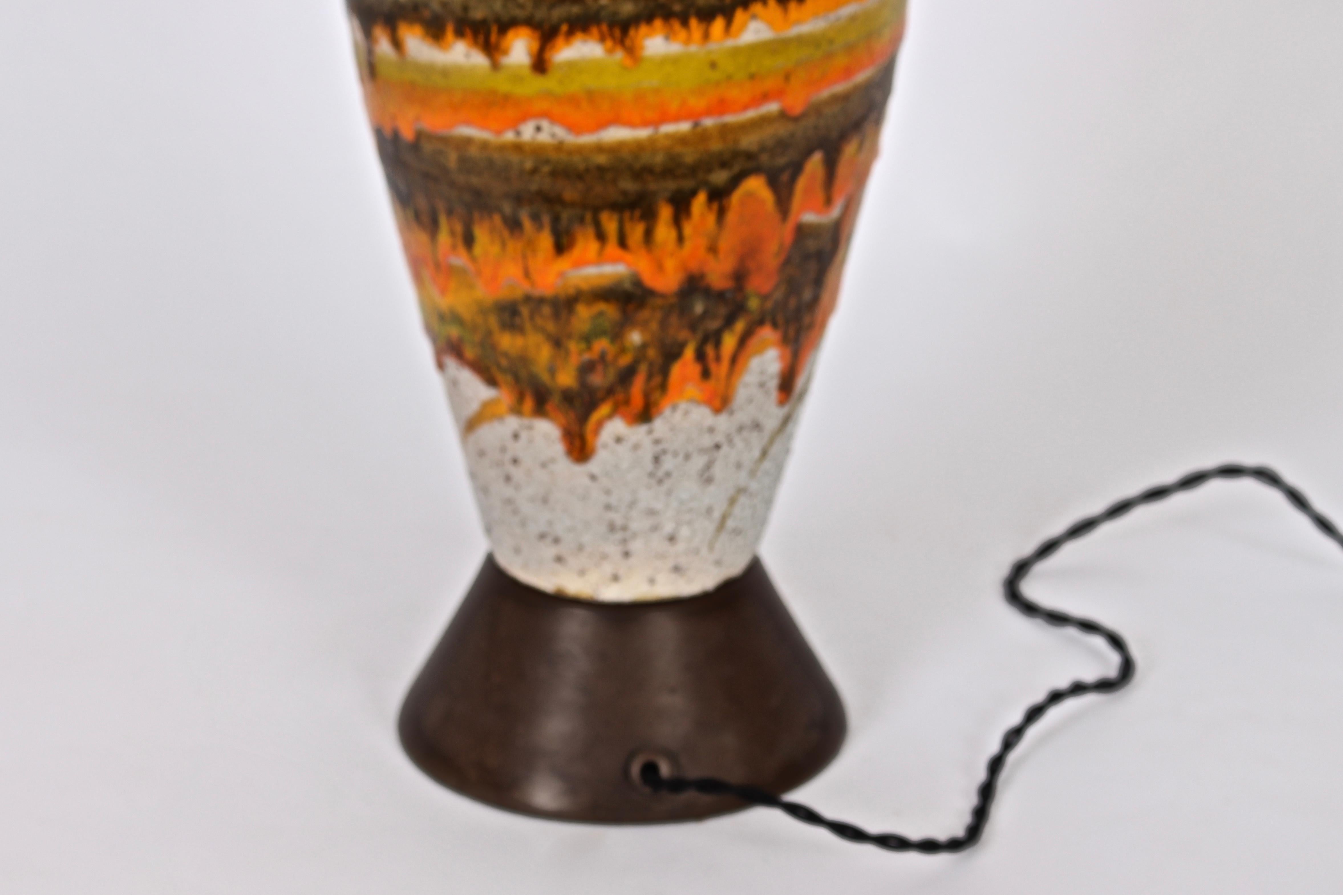 Tall Italian Modern Orange Banded, Drip Glazed Pottery Table Lamp, 1950's 1