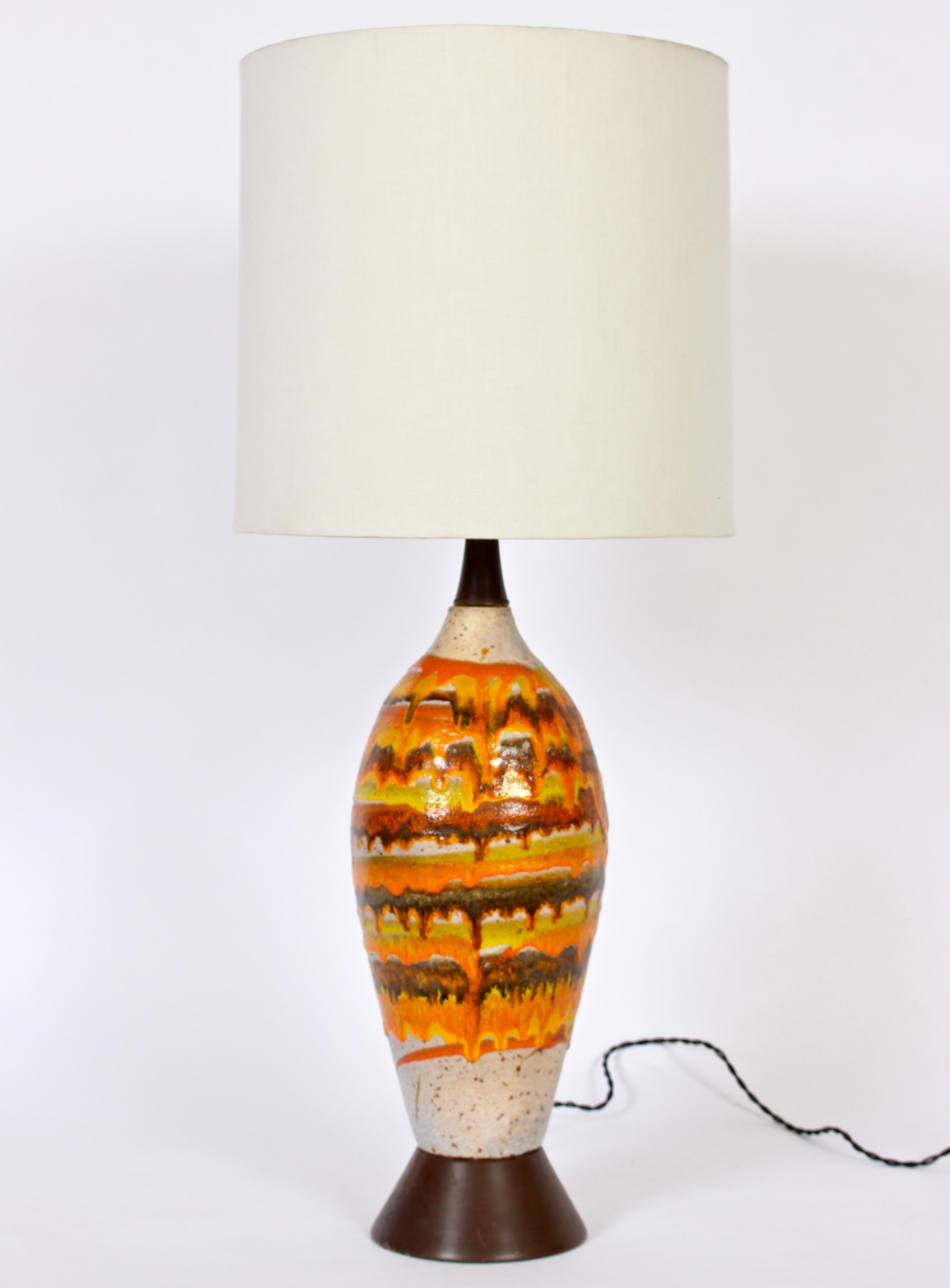 Tall Italian Modern Orange Banded, Drip Glazed Pottery Table Lamp, 1950's 2