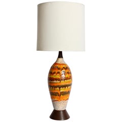 Vintage Tall Italian Modern Orange Banded, Drip Glazed Pottery Table Lamp, 1950's