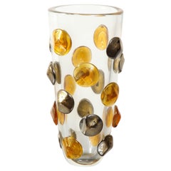 Custom Tall Italian Murano Glass Vase with Black and Amber Dots