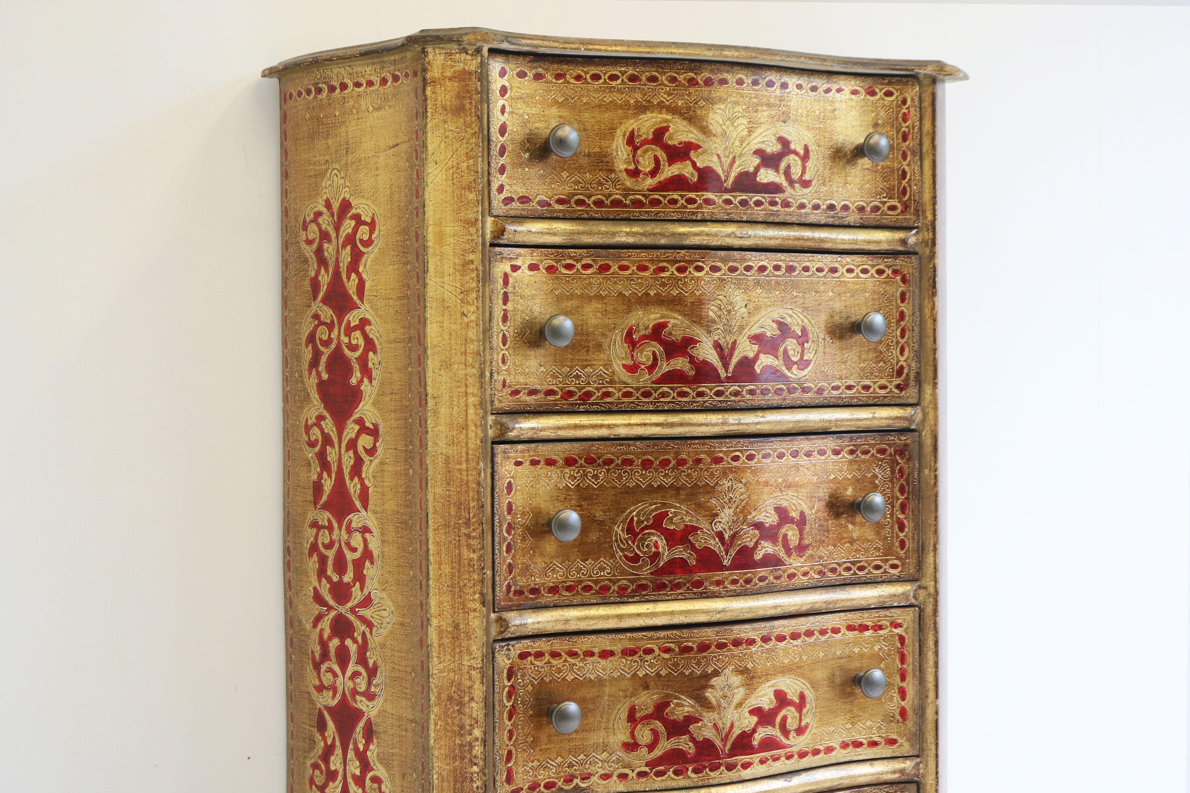 Wood Tall Italian Renaissance Florentine Style Six Drawer Commode Chest of Drawers For Sale