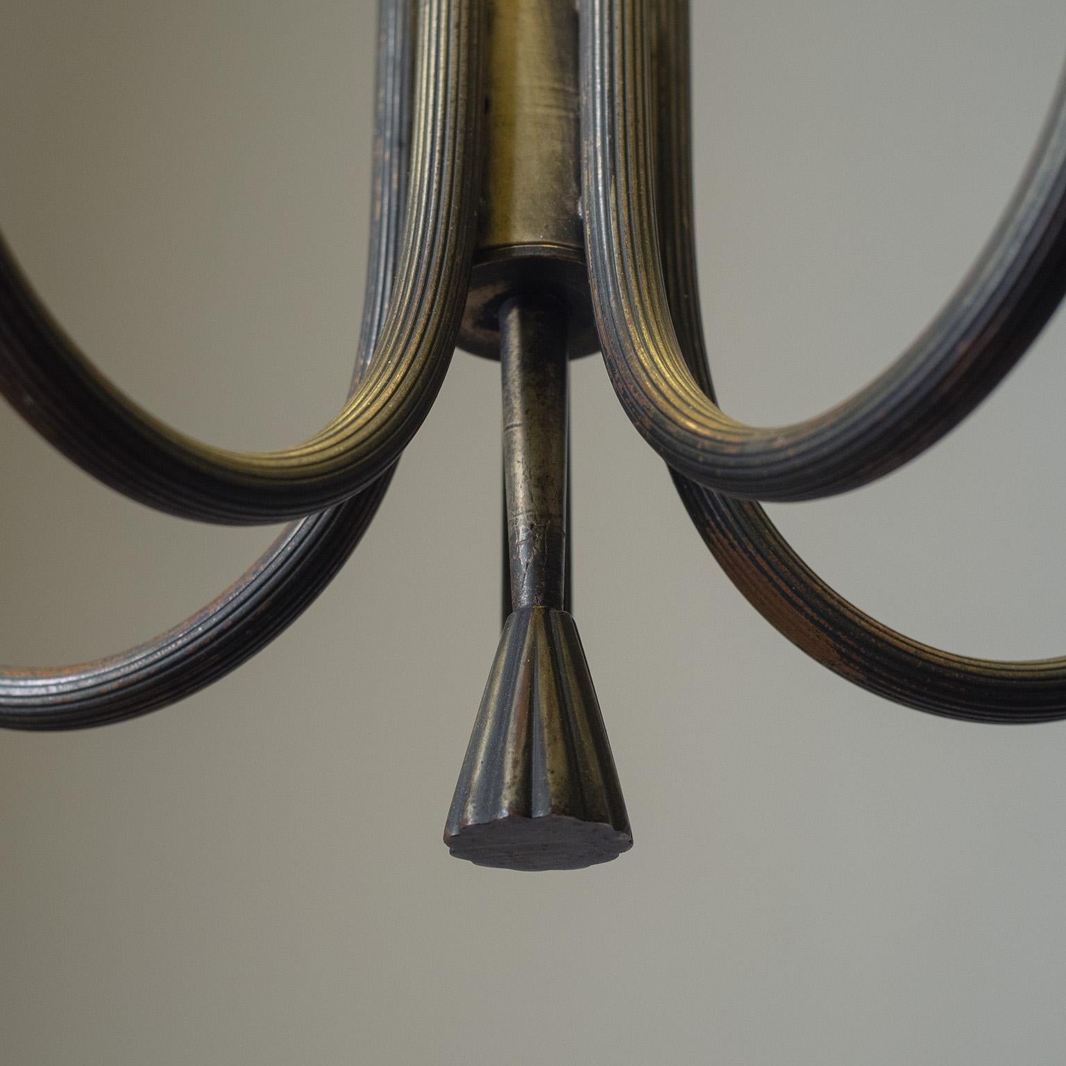 Tall Italian Ribbed Brass Chandelier, 1930s 6