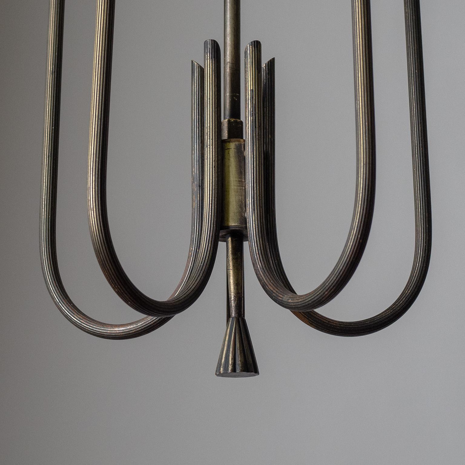 Tall Italian Ribbed Brass Chandelier, 1930s 1