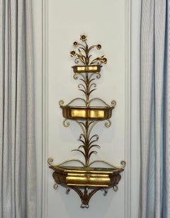Tall Italian Three-Tier Gilt Wood and Wrought Iron Wall Planter