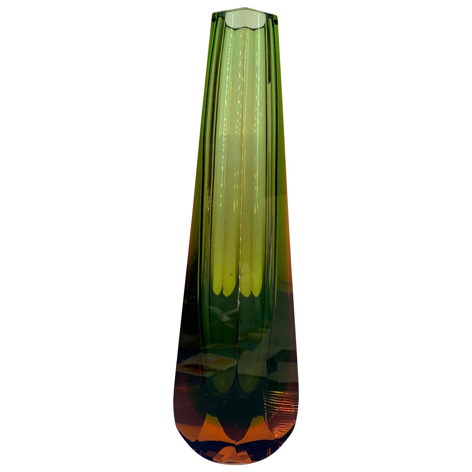 Tall Italian vintage green orange Sommerso Murano vase.