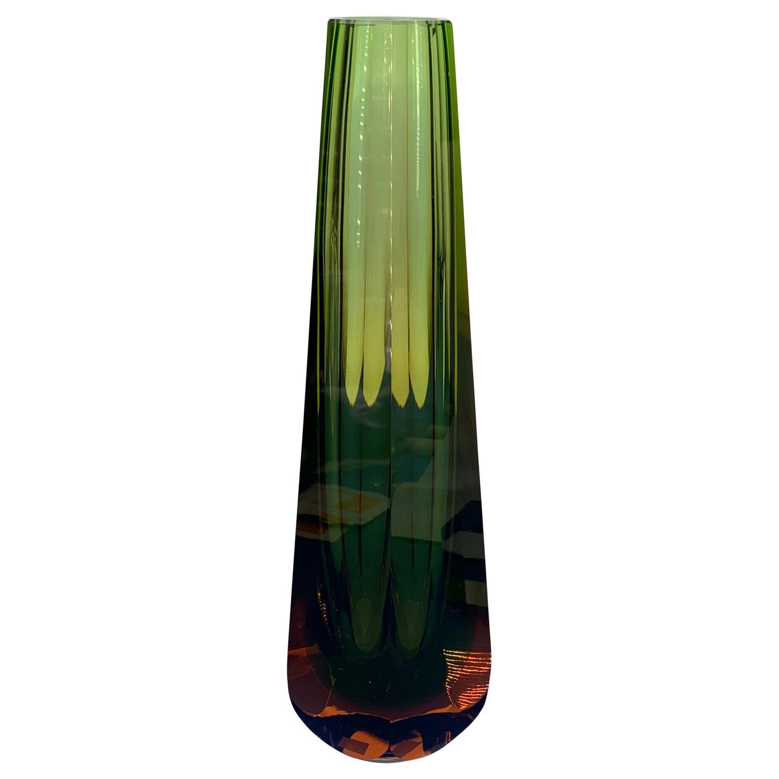 Mid-Century Modern Tall Italian Vintage Green Orange Sommerso Murano Vase