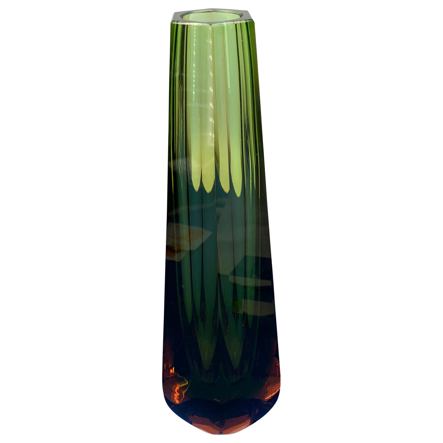 Hand-Crafted Tall Italian Vintage Green Orange Sommerso Murano Vase