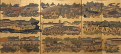 Tall Japanese 6-panel folding screen with Tosa School genre painting