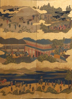 Tall Japanese 6-panel folding screen with Tosa School genre painting