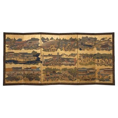 Tall Japanese 6-panel folding screen with Tosa School genre painting