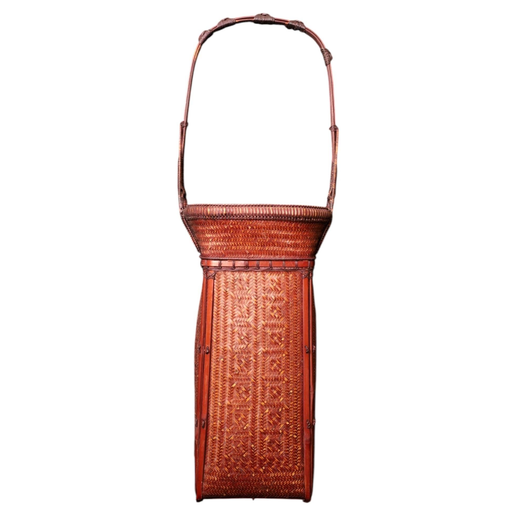 Tall Japanese Bamboo Ikebana Basket, Arched Handle, 20th Century