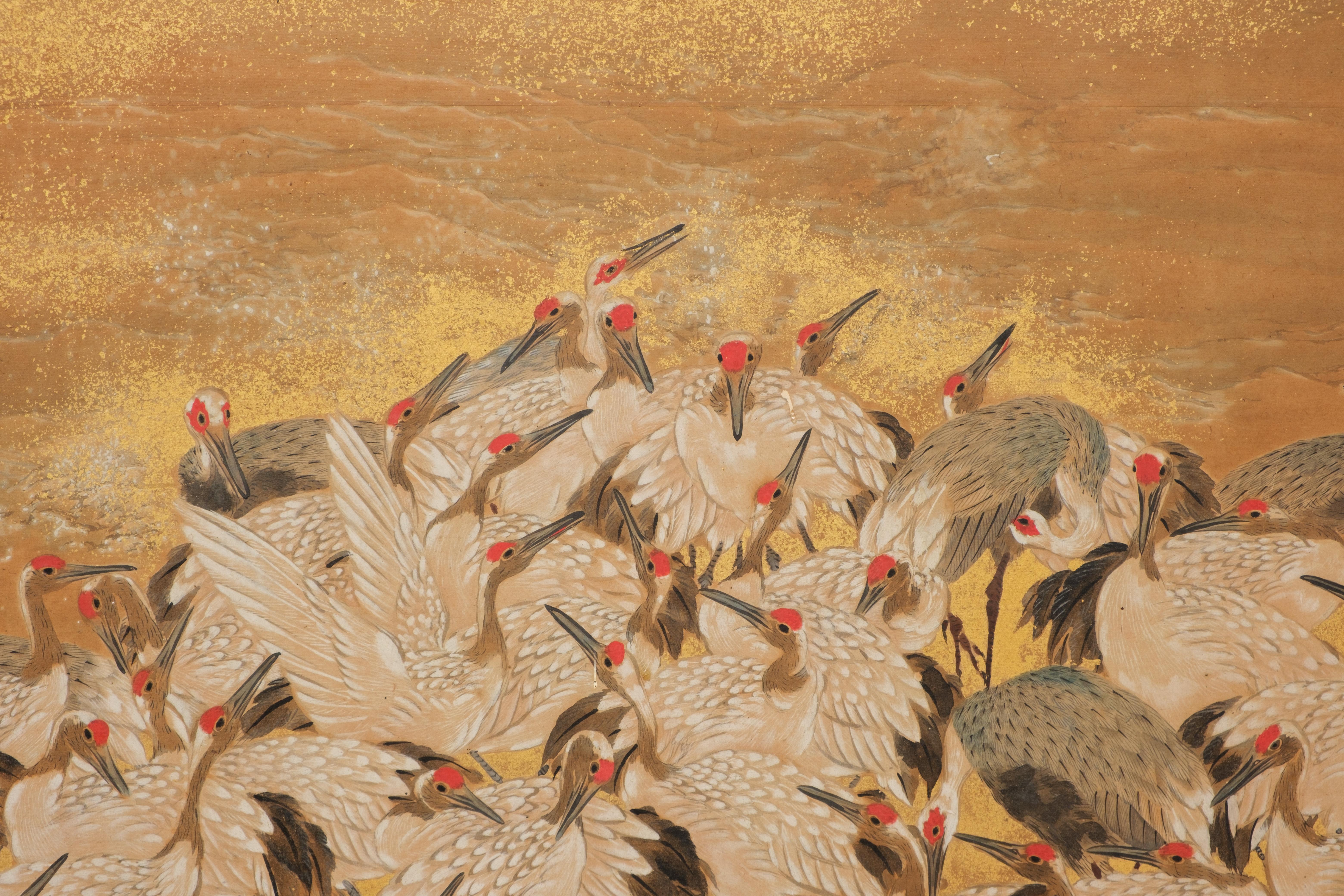 Hoher, japanischer zweiflügeliger byôbu 屏風 (Paravent) mit Blattgold und Kranichmotiv 3