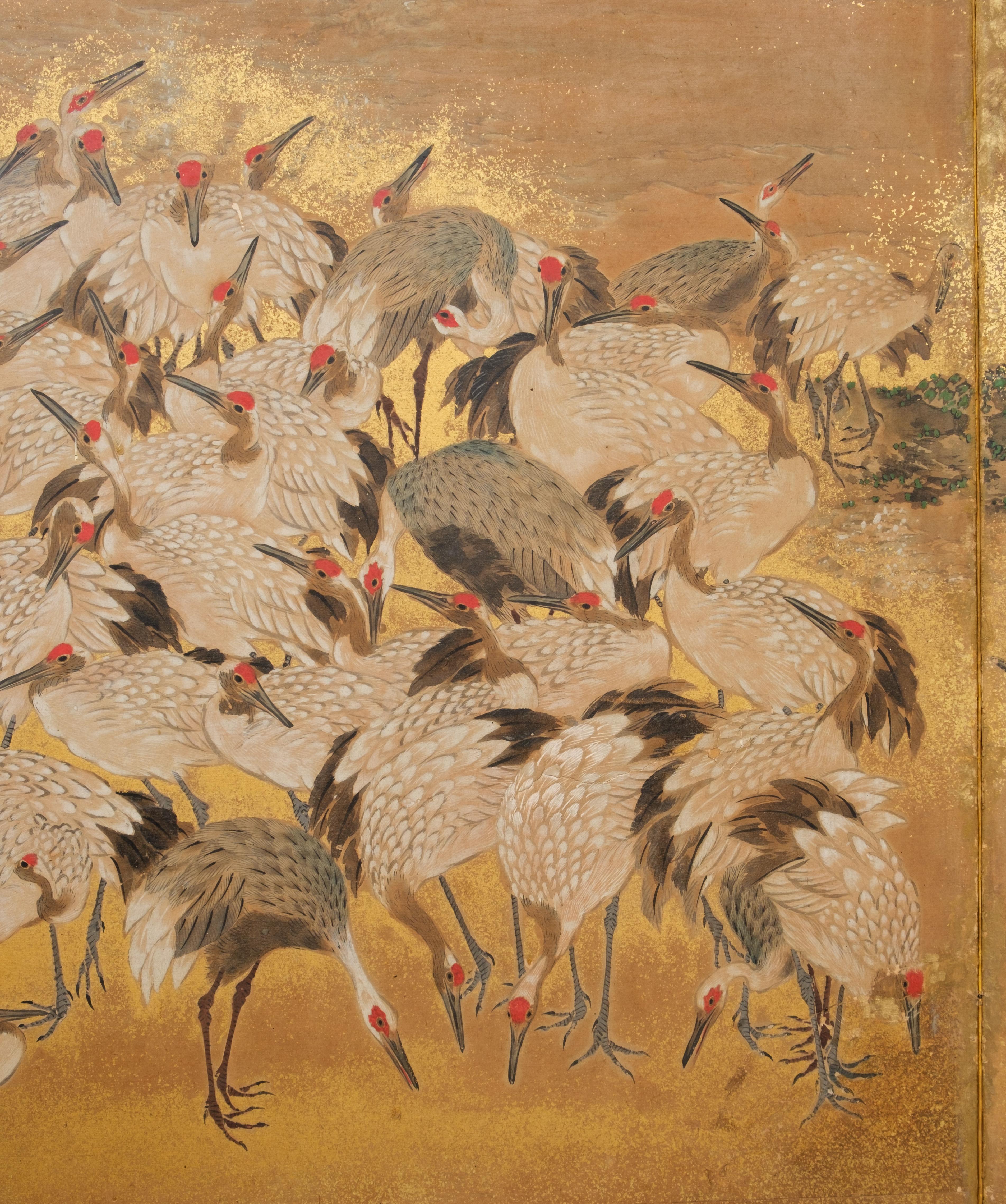 Hoher, japanischer zweiflügeliger byôbu 屏風 (Paravent) mit Blattgold und Kranichmotiv 4
