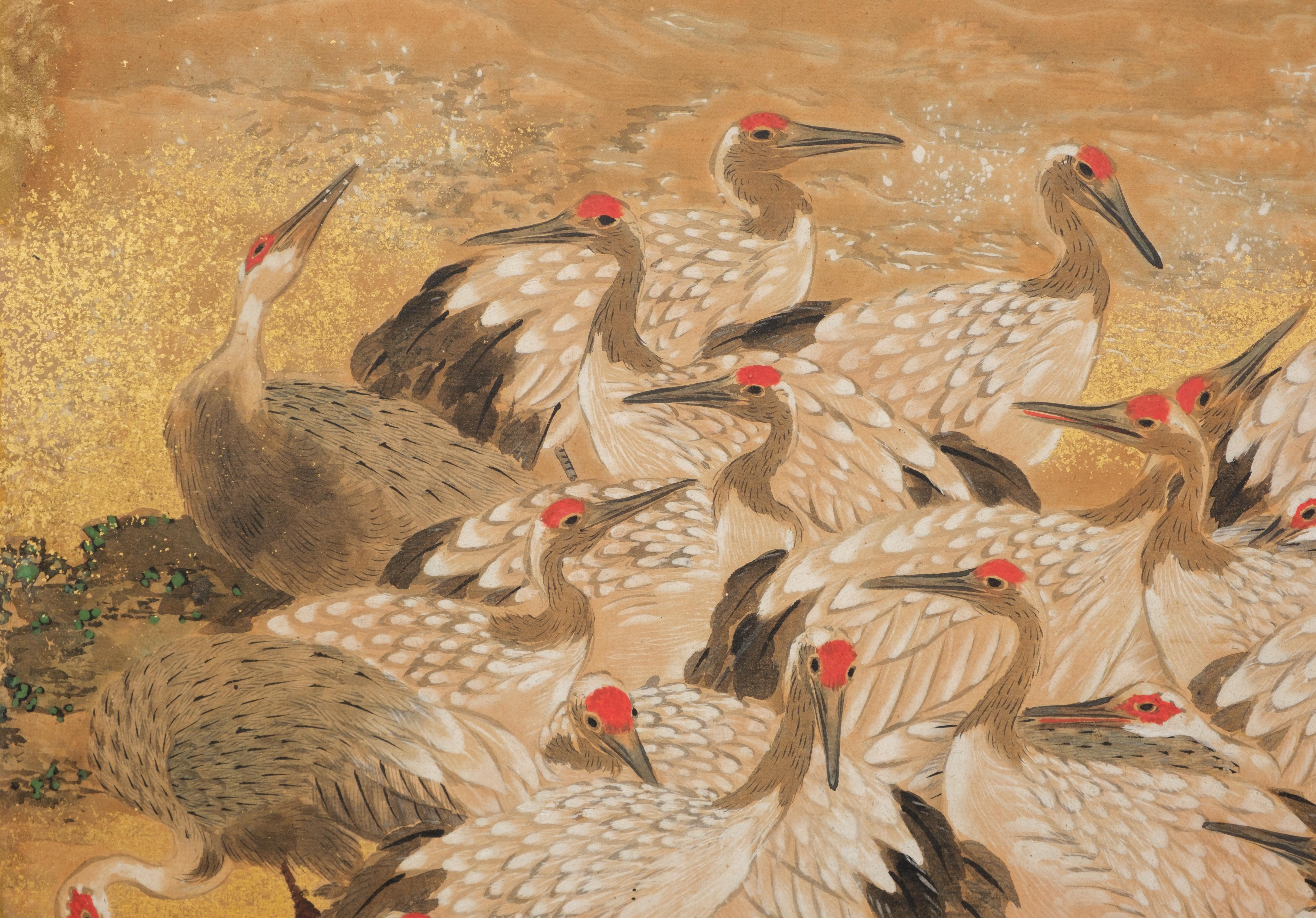 Hoher, japanischer zweiflügeliger byôbu 屏風 (Paravent) mit Blattgold und Kranichmotiv 7