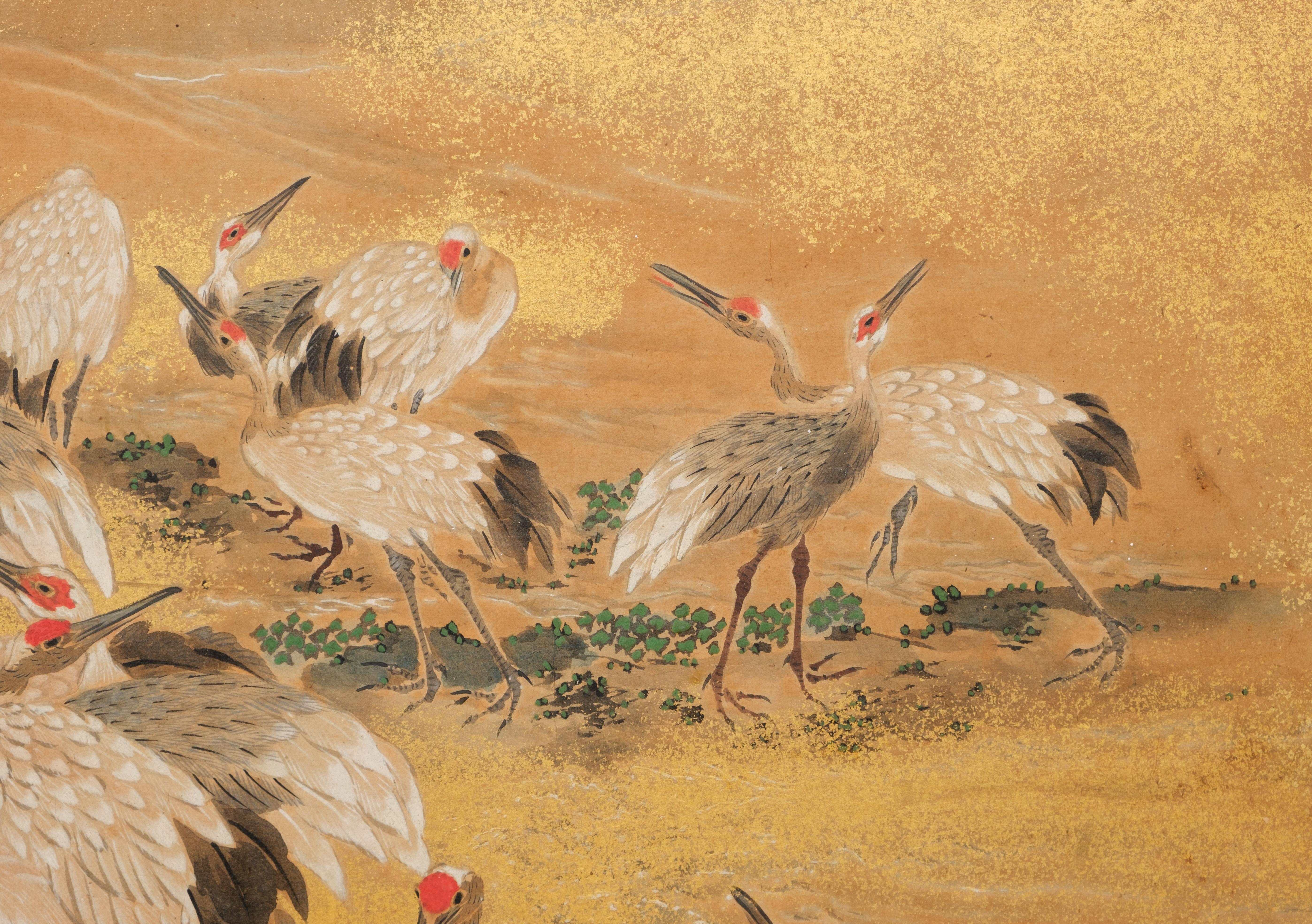 Hoher, japanischer zweiflügeliger byôbu 屏風 (Paravent) mit Blattgold und Kranichmotiv 8