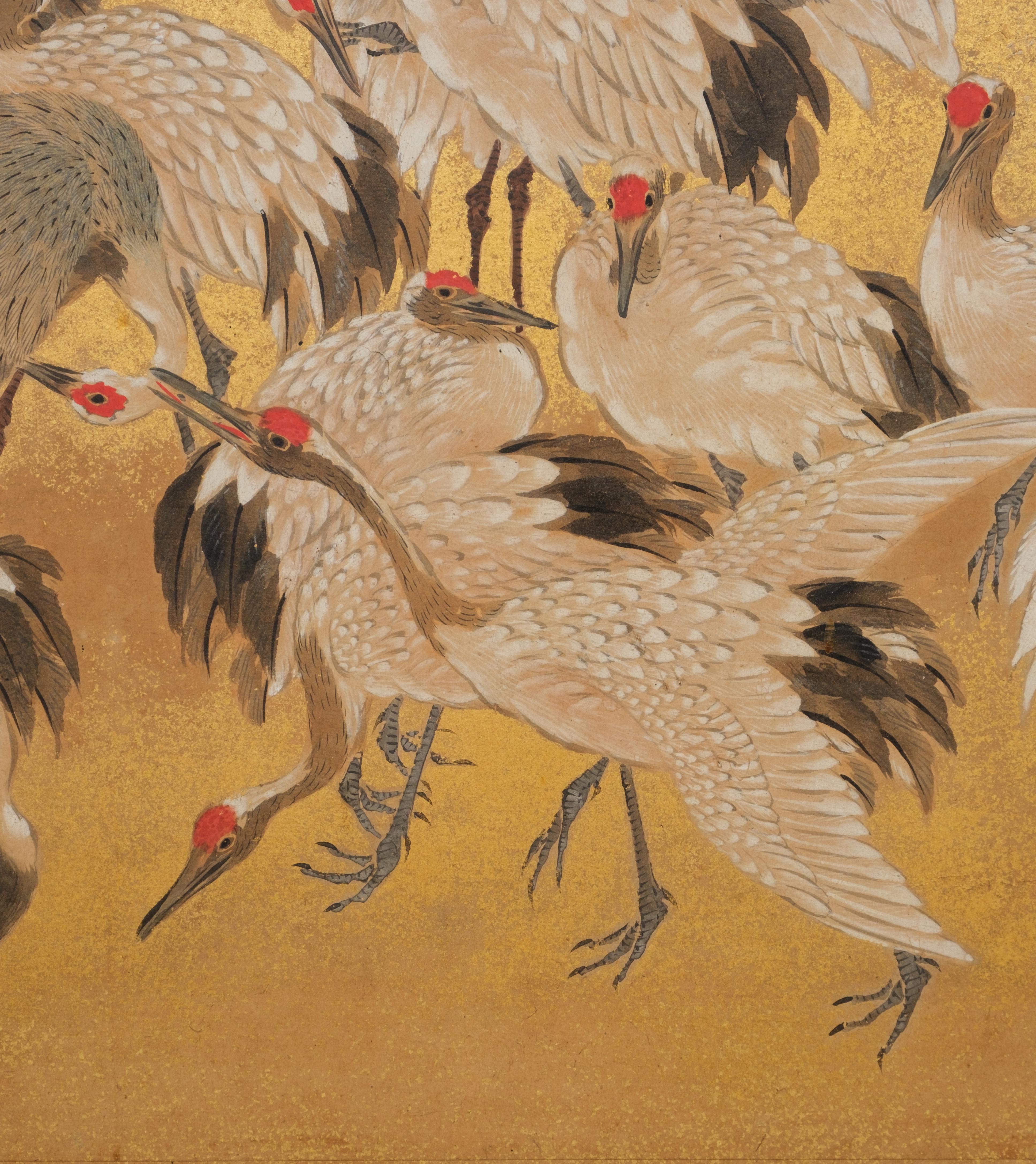 Hoher, japanischer zweiflügeliger byôbu 屏風 (Paravent) mit Blattgold und Kranichmotiv 9