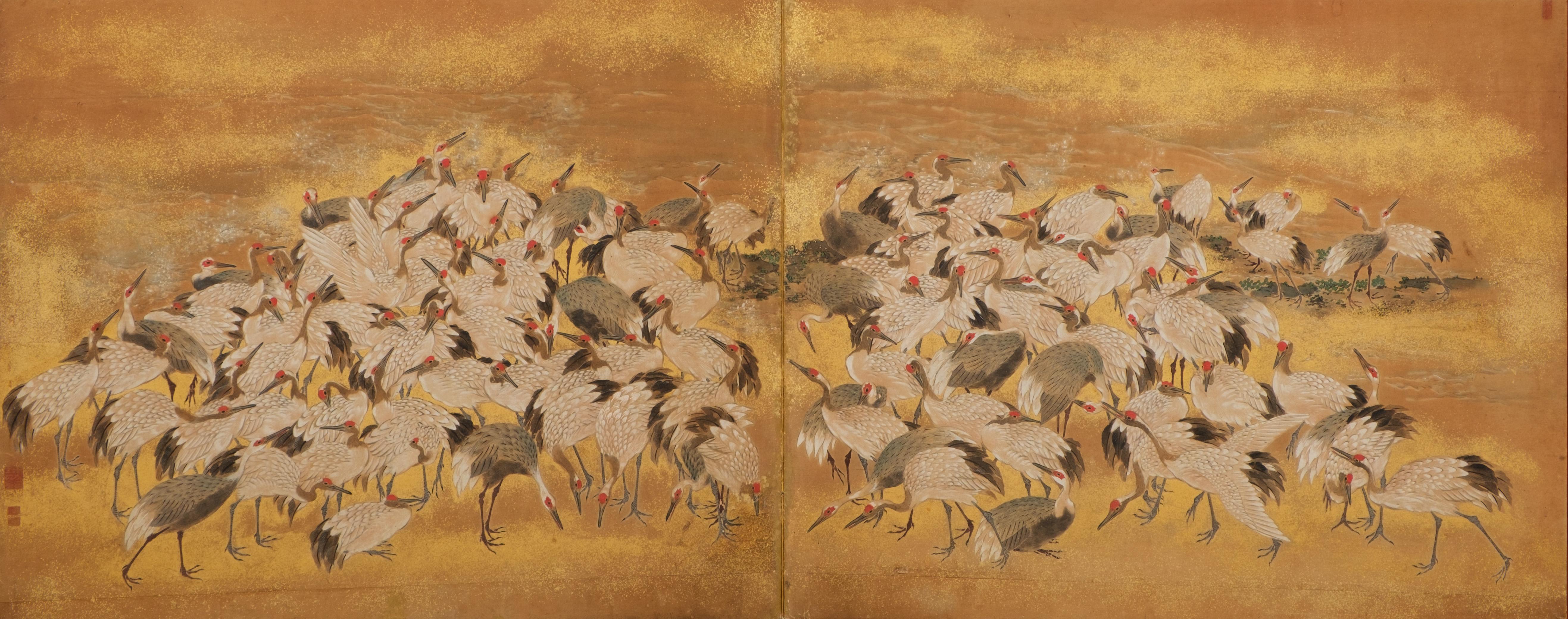 Hoher, japanischer zweiflügeliger byôbu 屏風 (Paravent) mit Blattgold und Kranichmotiv (Japanisch)