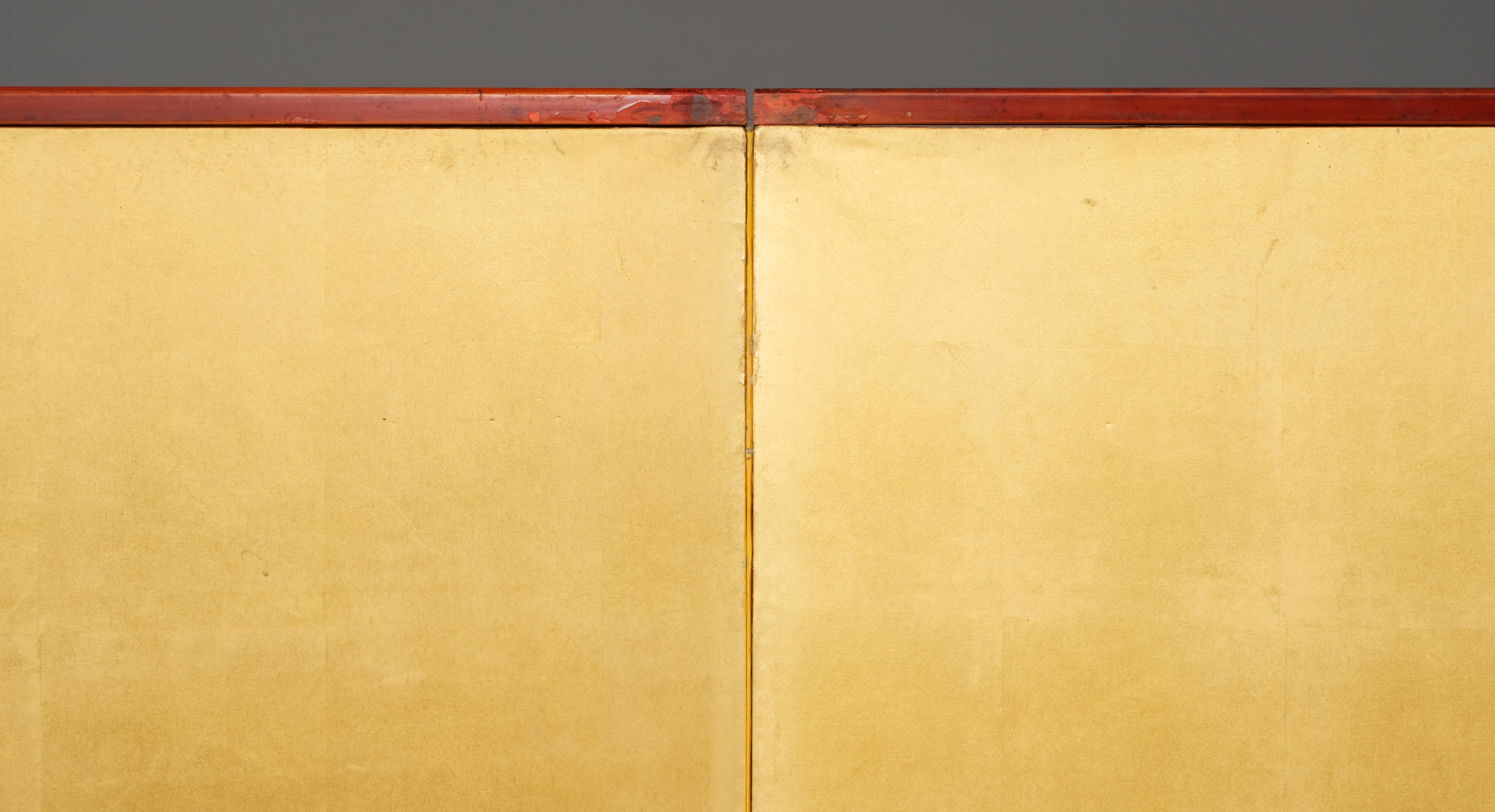 Hoher, japanischer zweiflügeliger byôbu 屏風 (Paravent) mit Blattgold und Kranichmotiv (Metall)