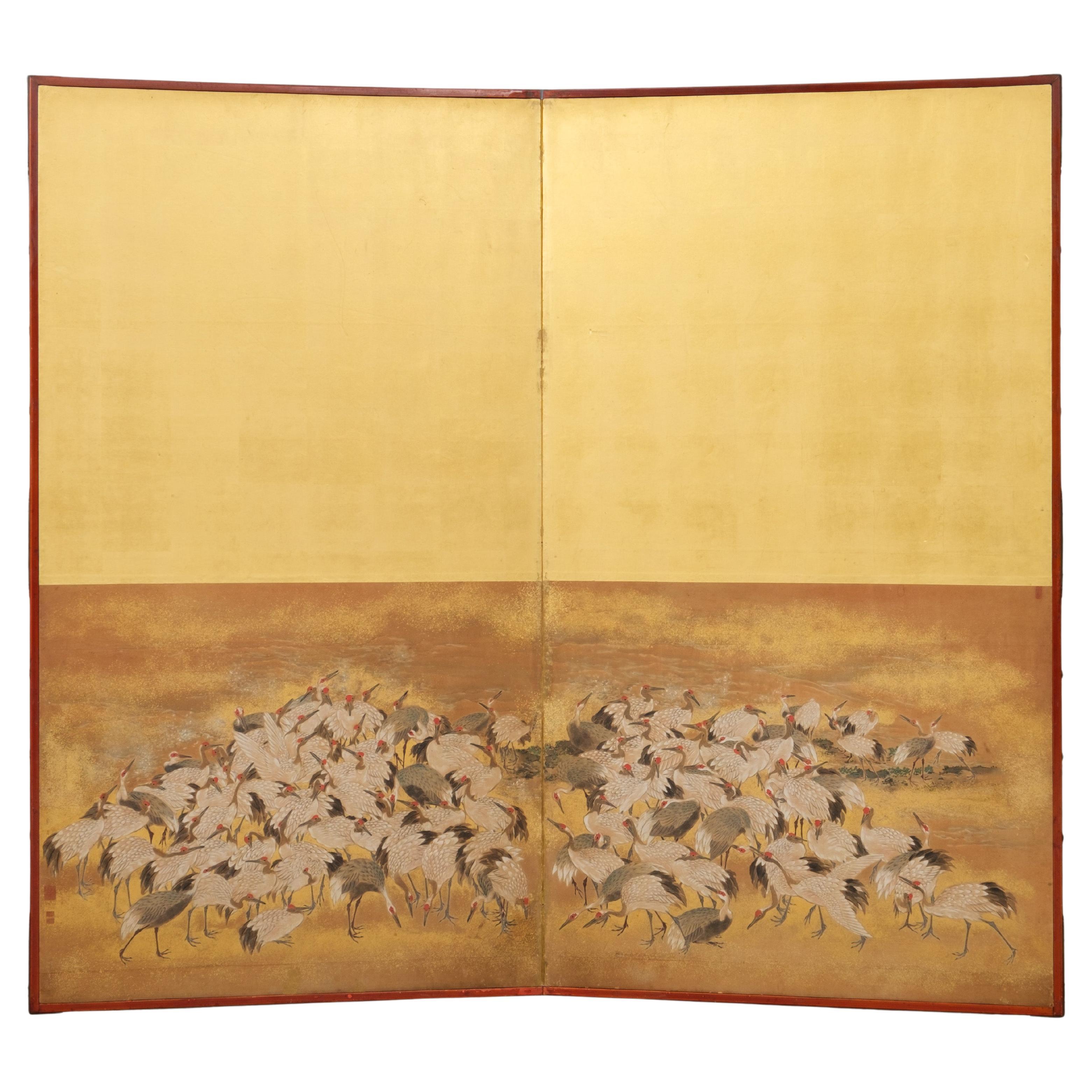 Tall, Japanese two-panel byôbu 屏風 (folding screen) with gold leaf & crane design