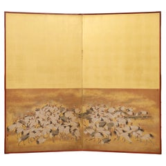 Antique Tall, Japanese two-panel byôbu 屏風 (folding screen) with gold leaf & crane design