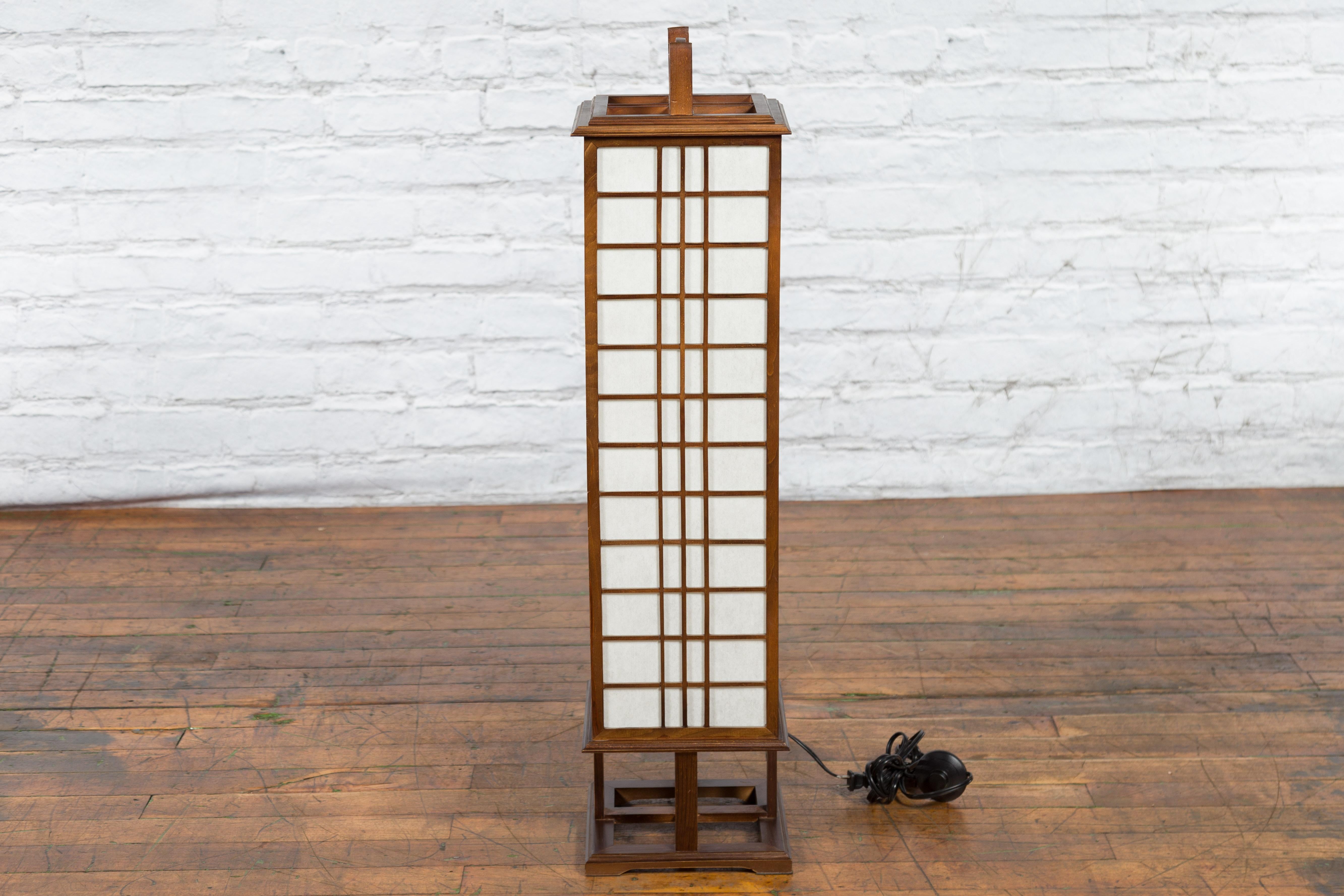 Tall Japanese Vintage Square Table Lamp with Rice Paper Panels, US Wired 6