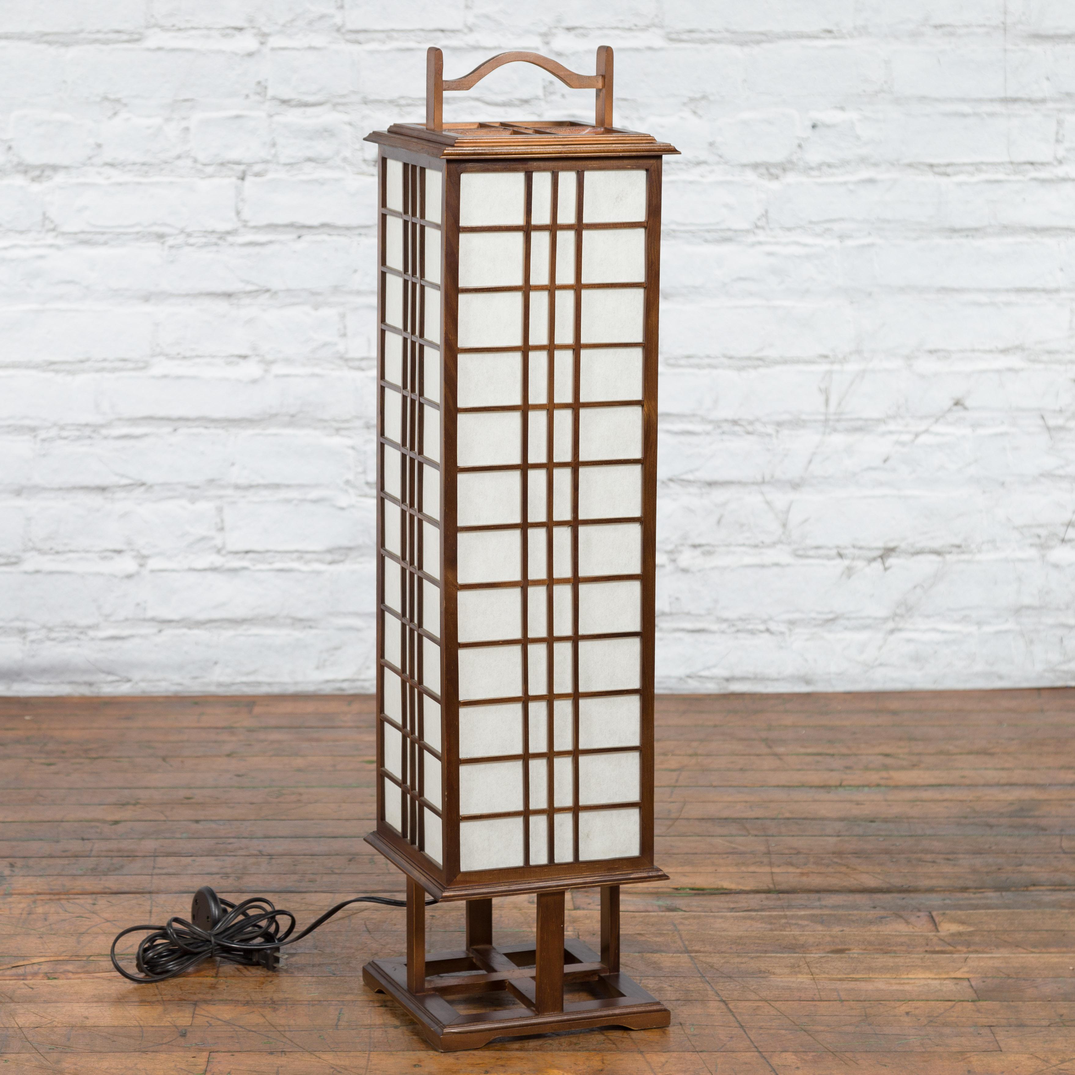 Tall Japanese Vintage Square Table Lamp with Rice Paper Panels, US Wired 9