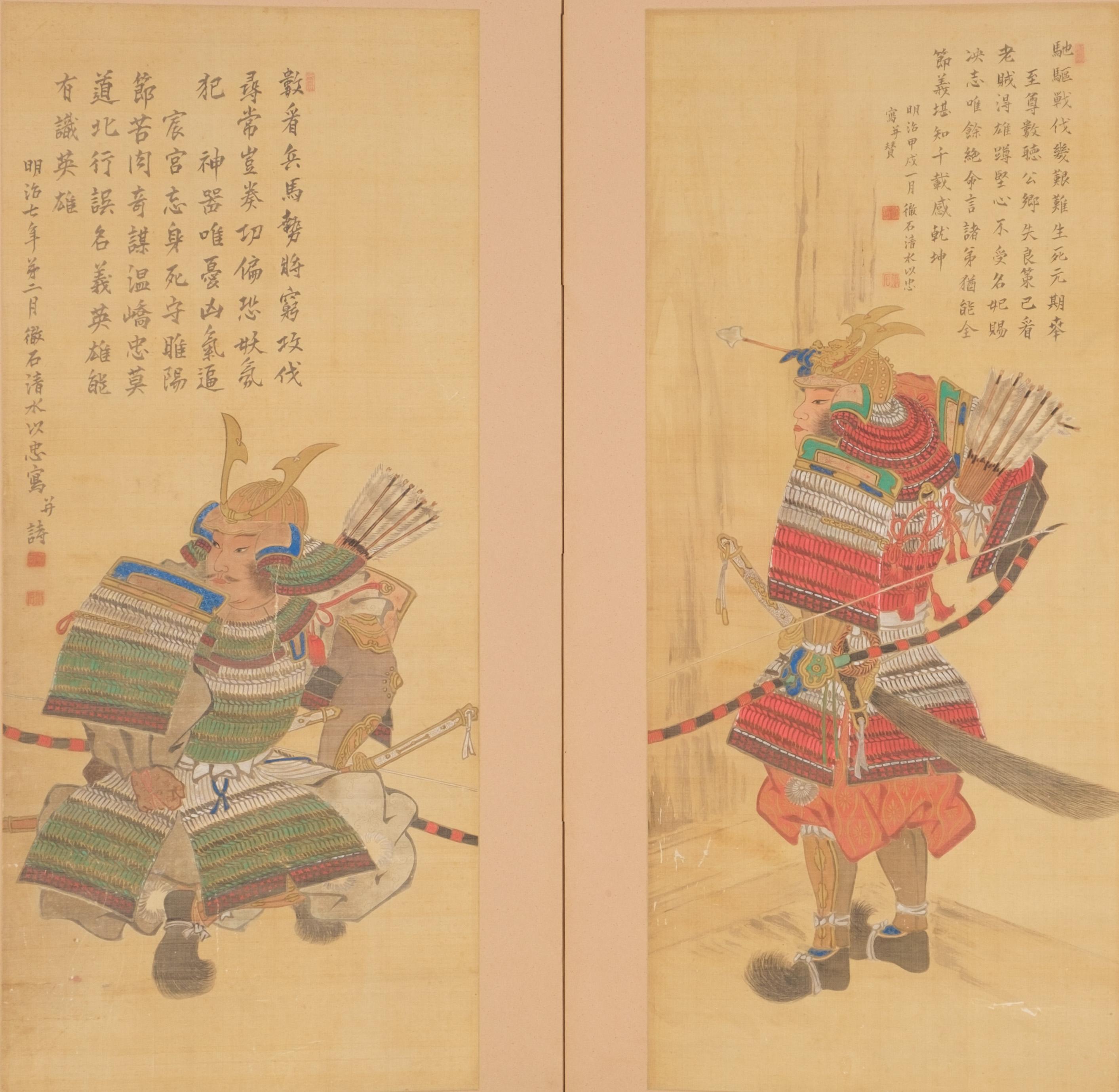 Striking tall two-panel byôbu (folding screen) covered with a pair of separate hanging scroll paintings (kakejiku) depicting samurai (warriors) paired with poems. The one on the right clad in full red armour displaying an impressive dragon maedate.