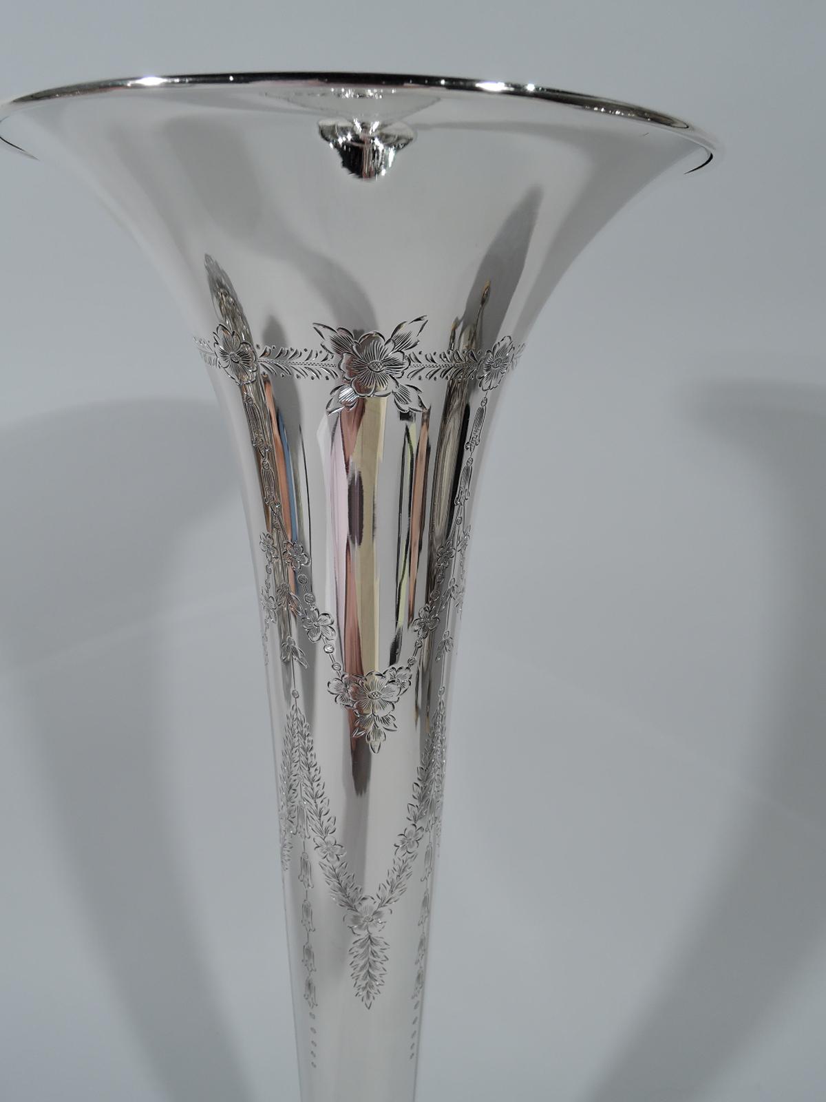 Tall Kirk Edwardian Sterling Silver Trumpet Vase In Good Condition In New York, NY