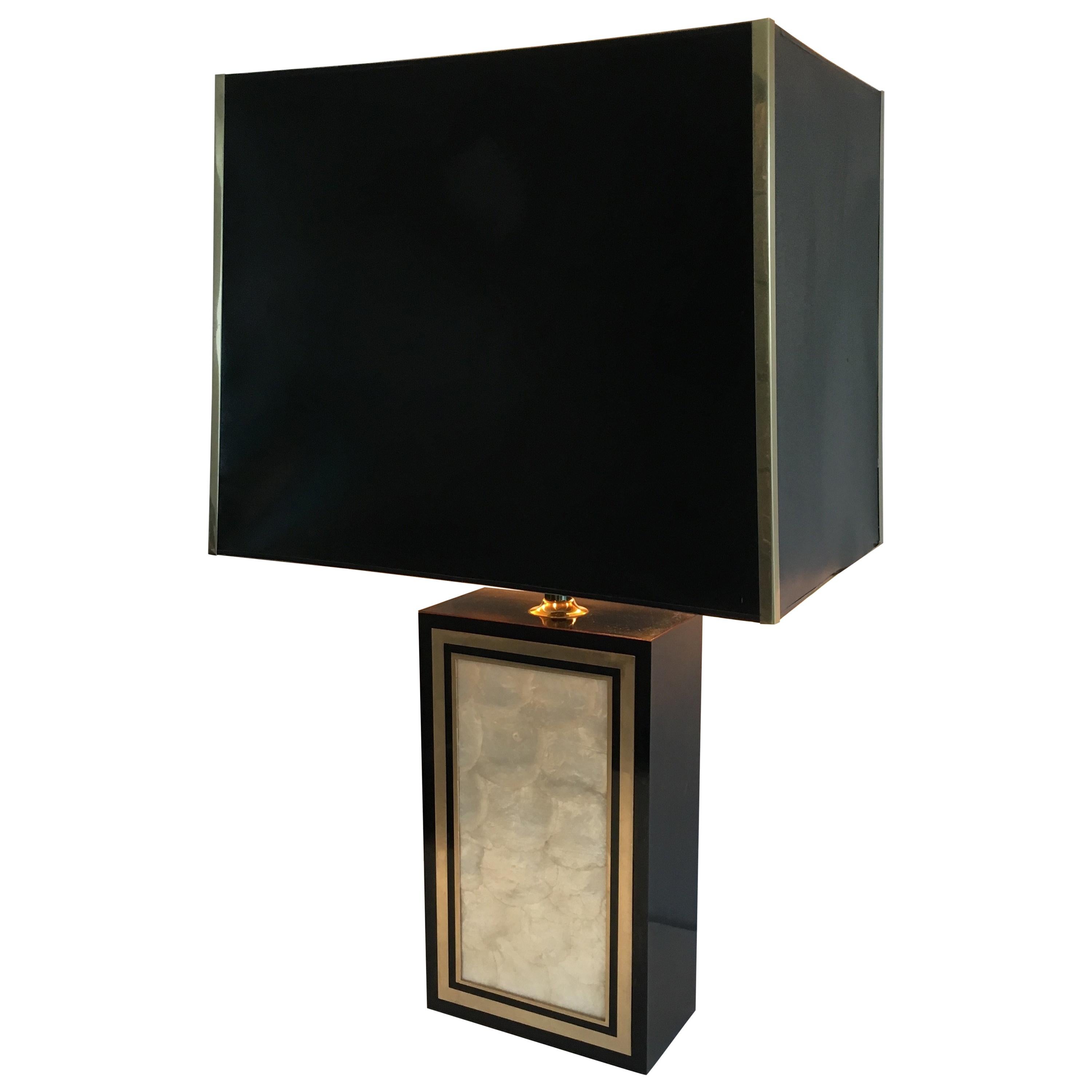 Tall Lacquered Wood Gild and Mother of Pearl Table Lamp, French, circa 1970