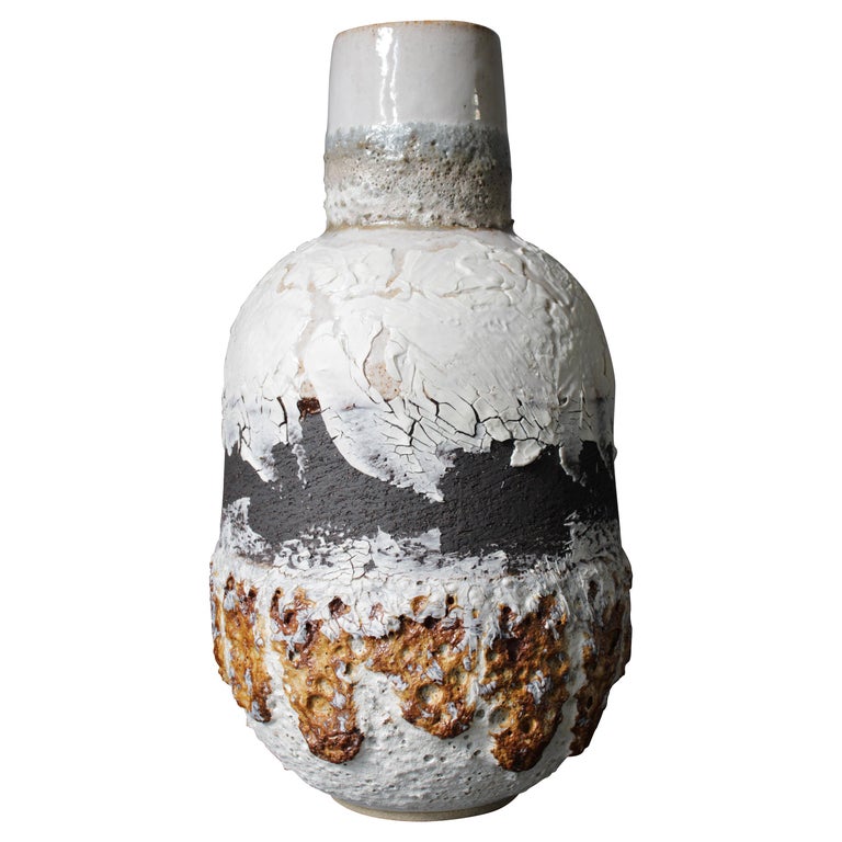 Tall Large Bottle Lava Stone White&Black Volcanic Clay and Porcelain Vessel For Sale