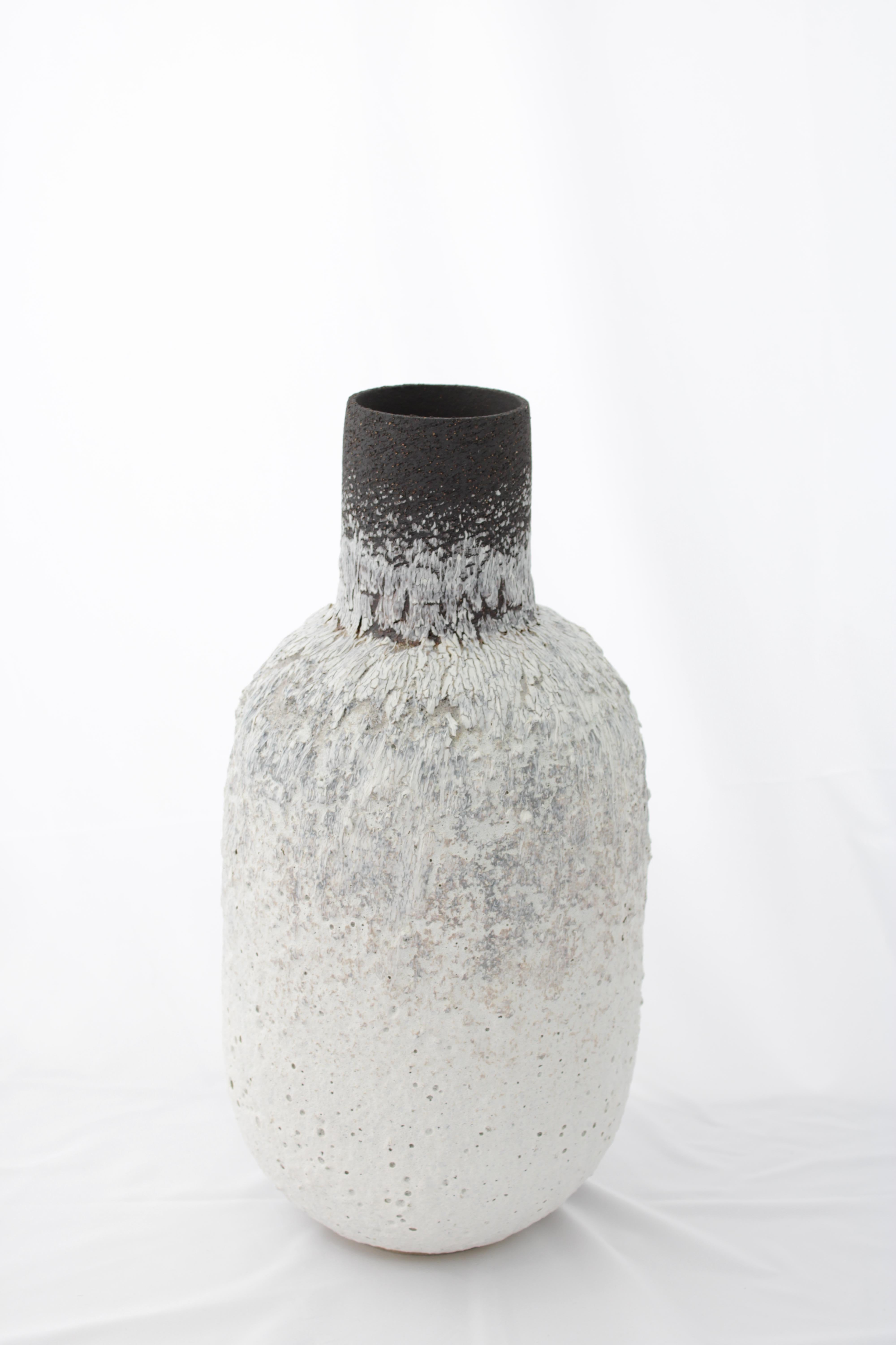 Modern Tall Large Bottle Shaped White and Black Stoneware Clay and Porcelain Vessel For Sale