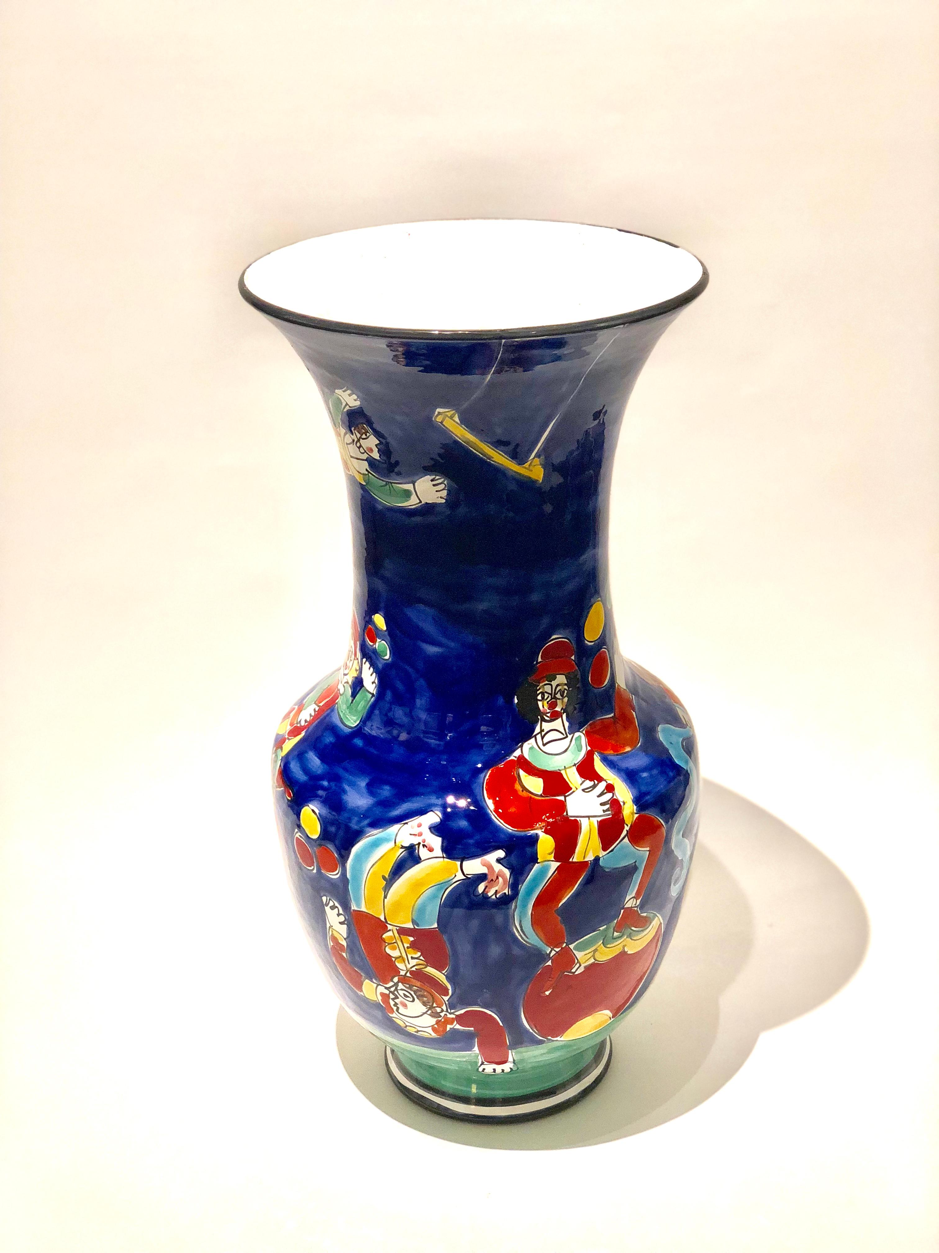 Colorful Italian ceramic hand painted vase, circa 1970s, in great original condition nice circus theme signed.