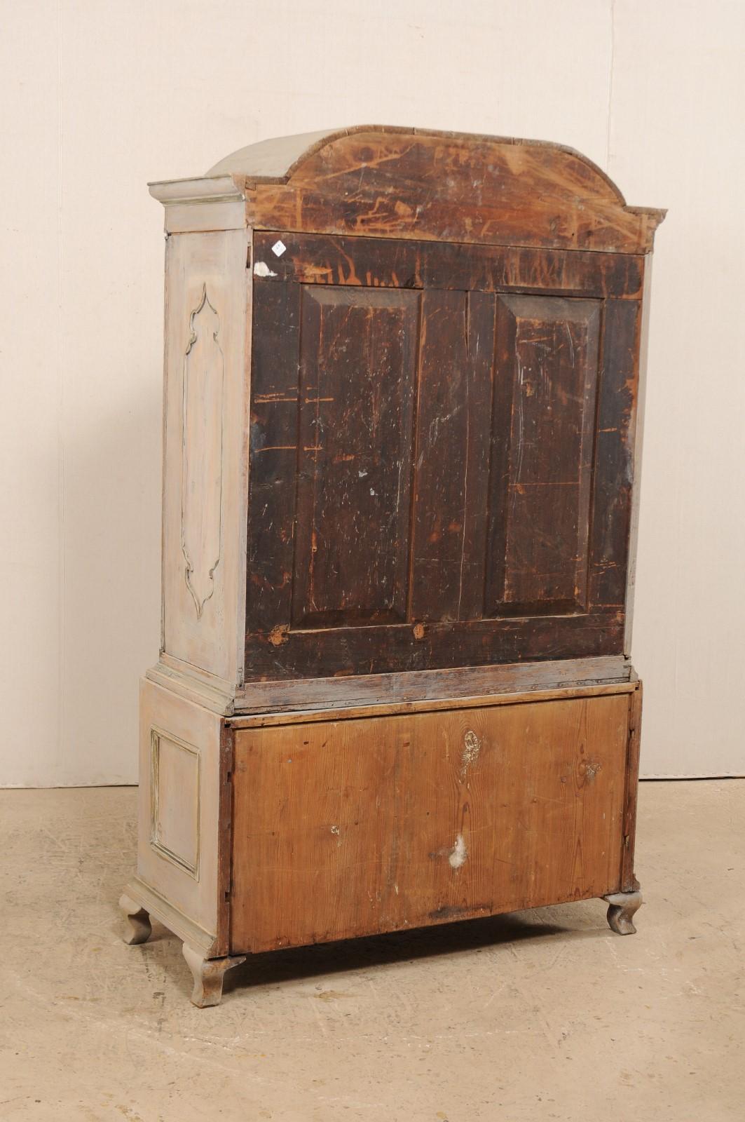 An 18th C. Swedish Period Rococo Tall Painted Wood Cabinet w/Arched Pediment 6