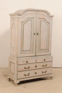 An 18th C. Swedish Period Rococo Tall Painted Wood Cabinet w/Arched Pediment