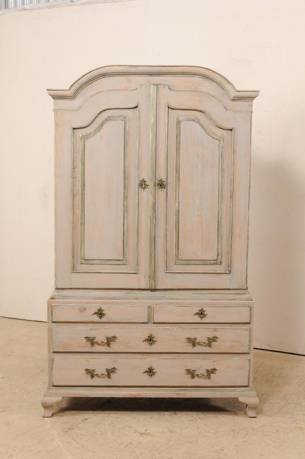 Carved An 18th C. Swedish Period Rococo Tall Painted Wood Cabinet w/Arched Pediment
